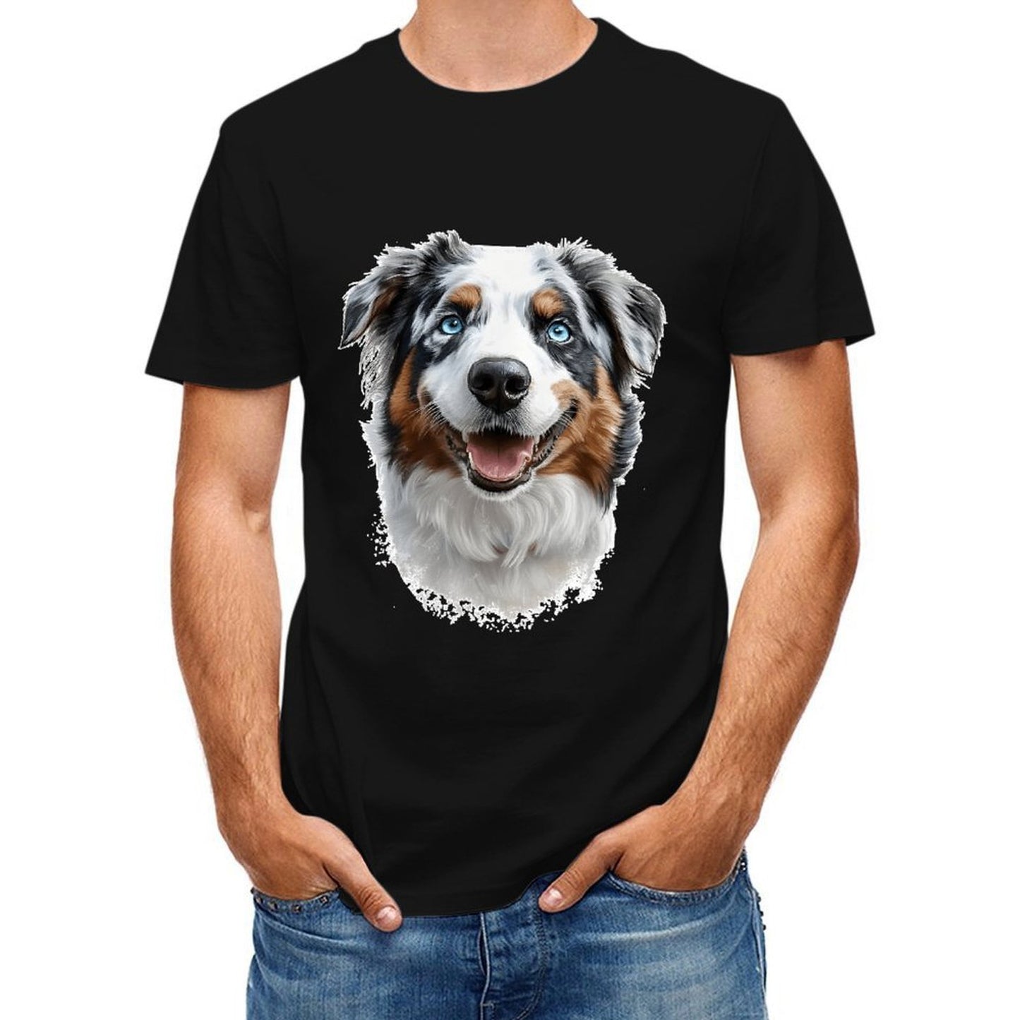 Inkmay Casual Cotton T-shirt Colorful Dog Portrait With Blue Eyes Unisex T-shirtClassic Fit 100% Cotton T-Shirt
