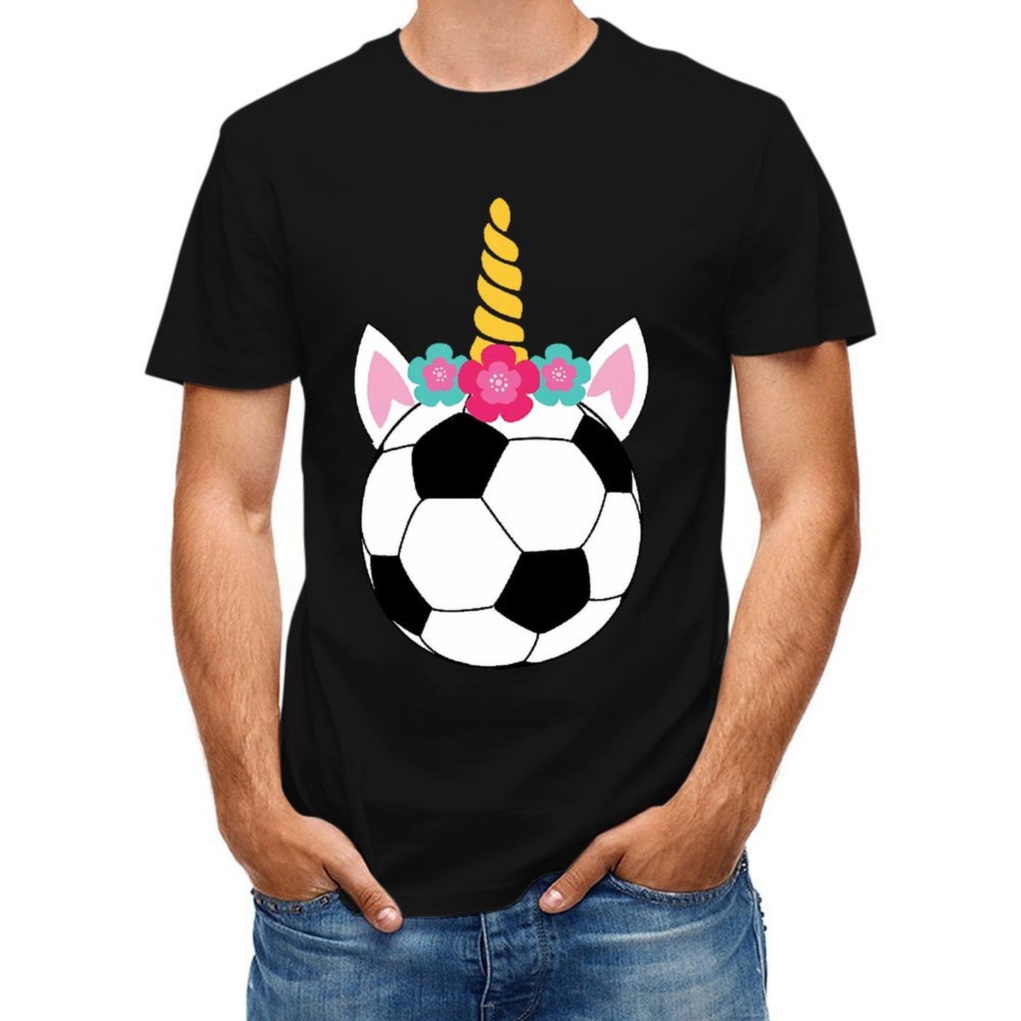 Inkmay Casual Cotton T-shirt Soccer Ball With Unicorn Horn Flowers Unisex T-shirtDaily LooseFit T-Shirt