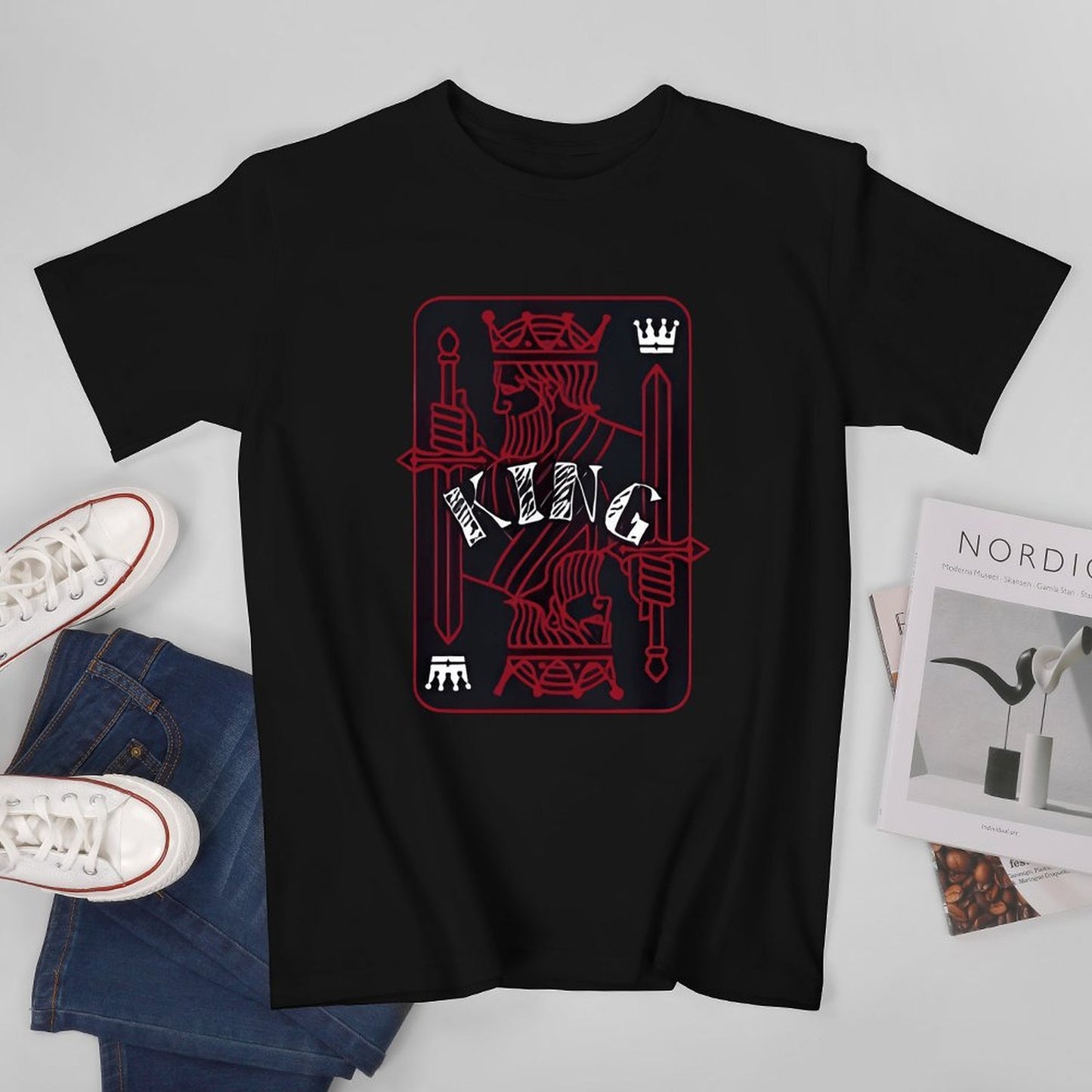 Inkmay Casual Cotton T-shirt King Card Design With Swords Unisex T-shirtSimple YearRound T-Shirt