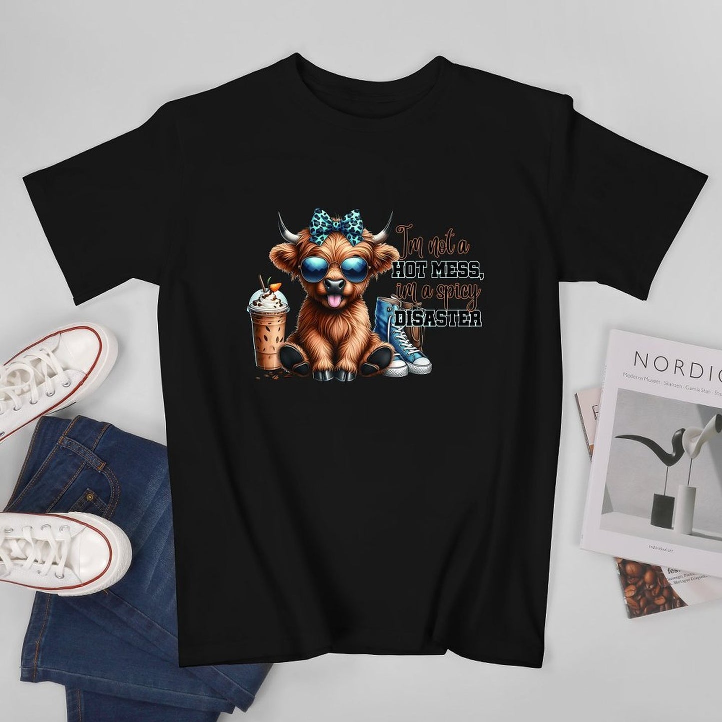 Inkmay Casual Cotton T-shirt Cartoon Cow With Sunglasses And Sneakers Unisex T-shirtSoftWear ActiveWear T-Shirt