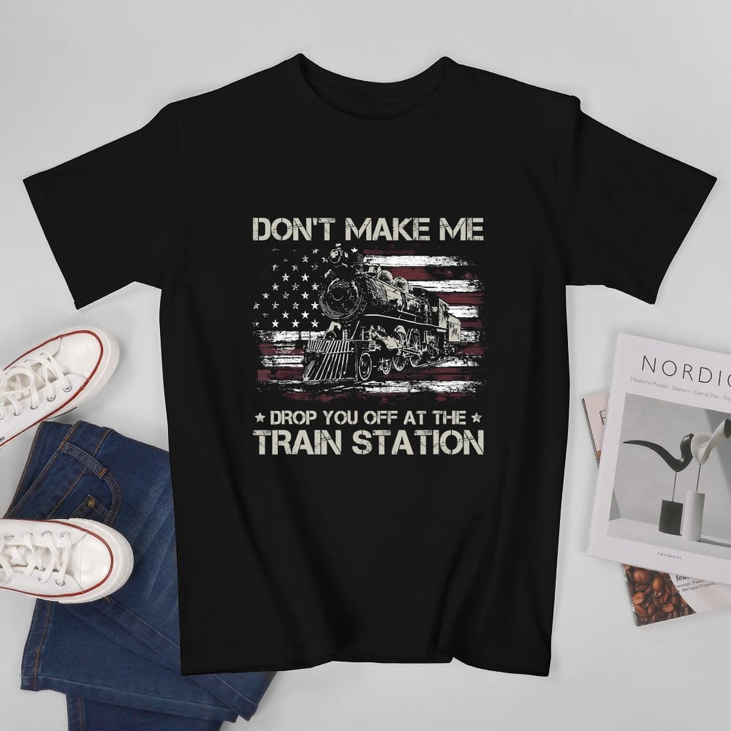 Inkmay Casual Cotton T-shirt American Flag With Train Graphic Design Unisex T-shirtMidweight Soft-Touch T-Shirt