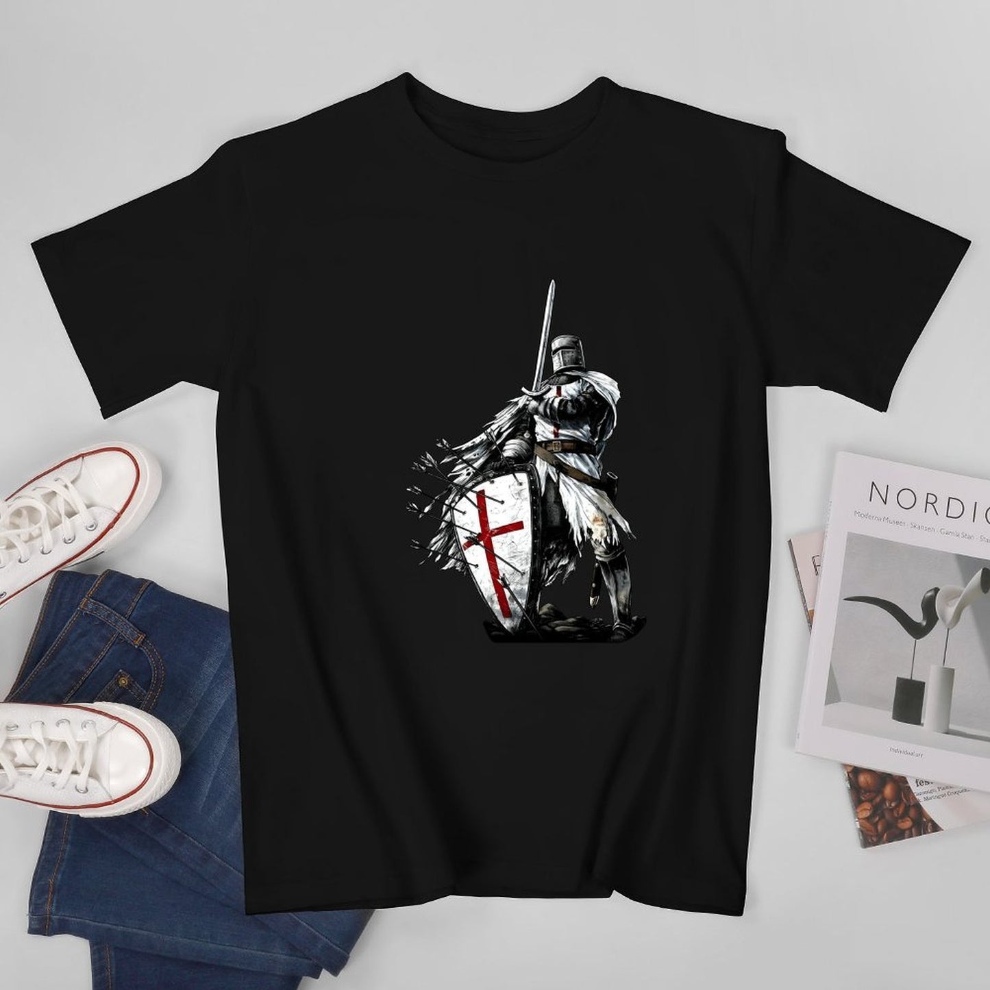 Inkmay Casual Cotton T-shirt Knight In Armor Holding Shield Sword Unisex T-shirtOn-Demand Batch-Printed T-Shirt