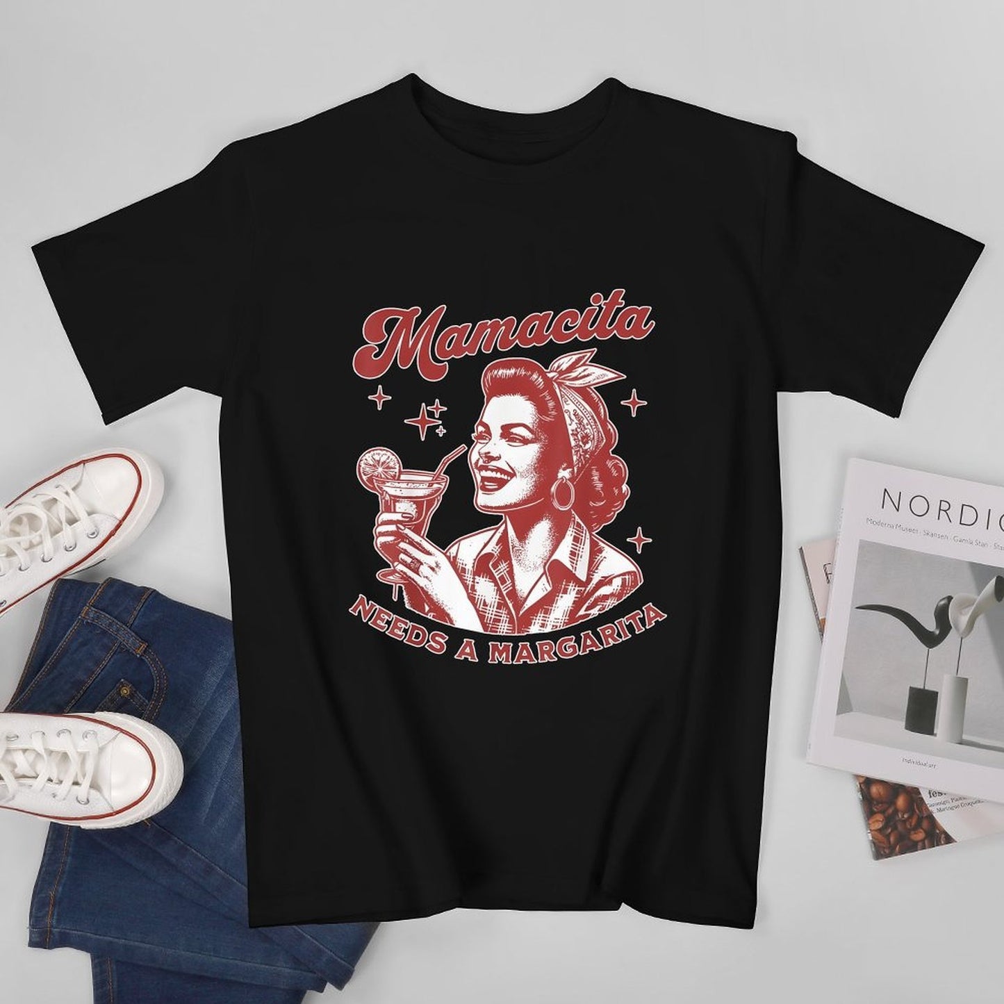 Inkmay Casual Cotton T-shirt Retro Woman Holding Cocktail Glass Artwork Unisex T-shirtBasicSeries Heritage T-Shirt