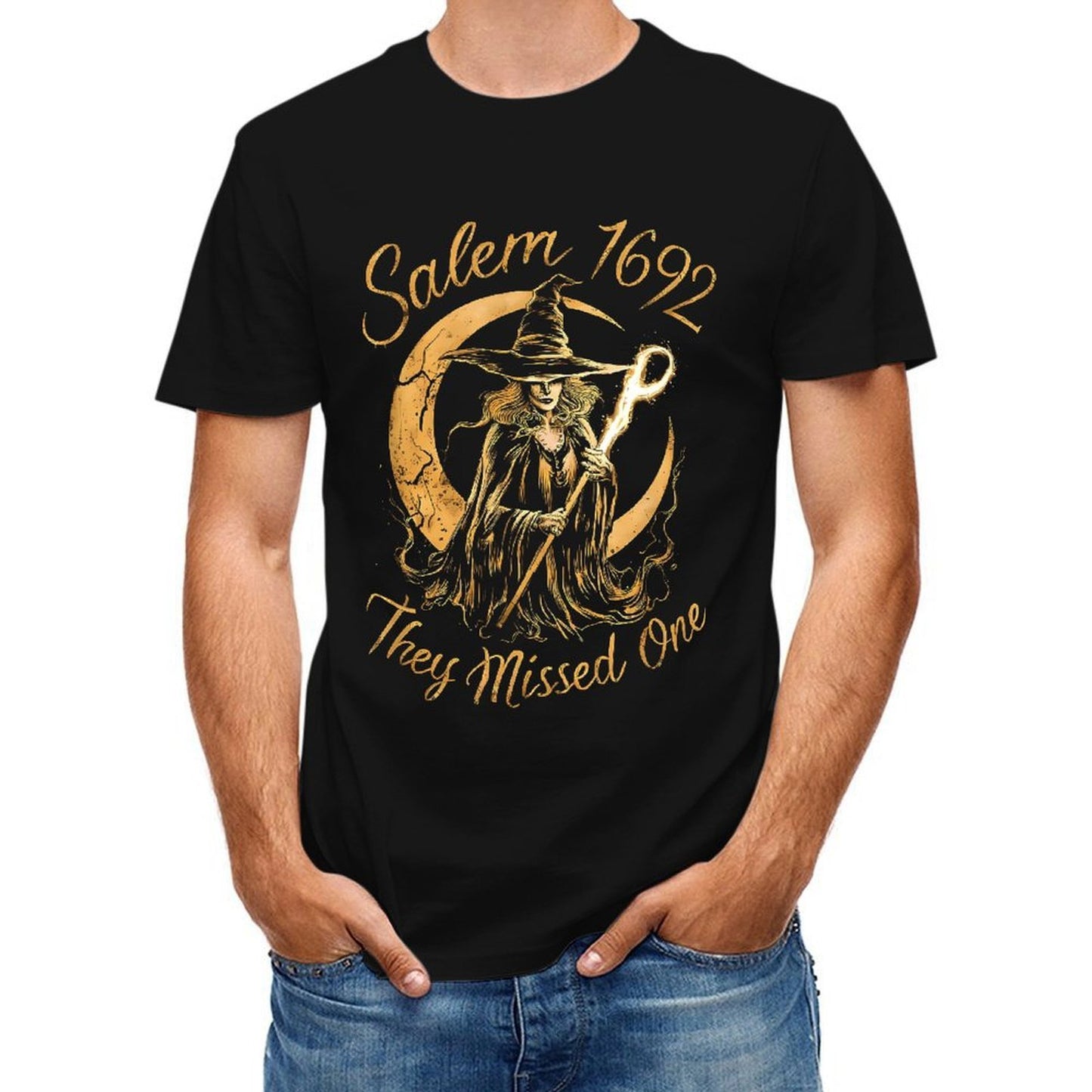 Inkmay Casual Cotton T-shirt Witch Holding Staff Against Crescent Moon Unisex T-shirtEasy-Care Recycled T-Shirt