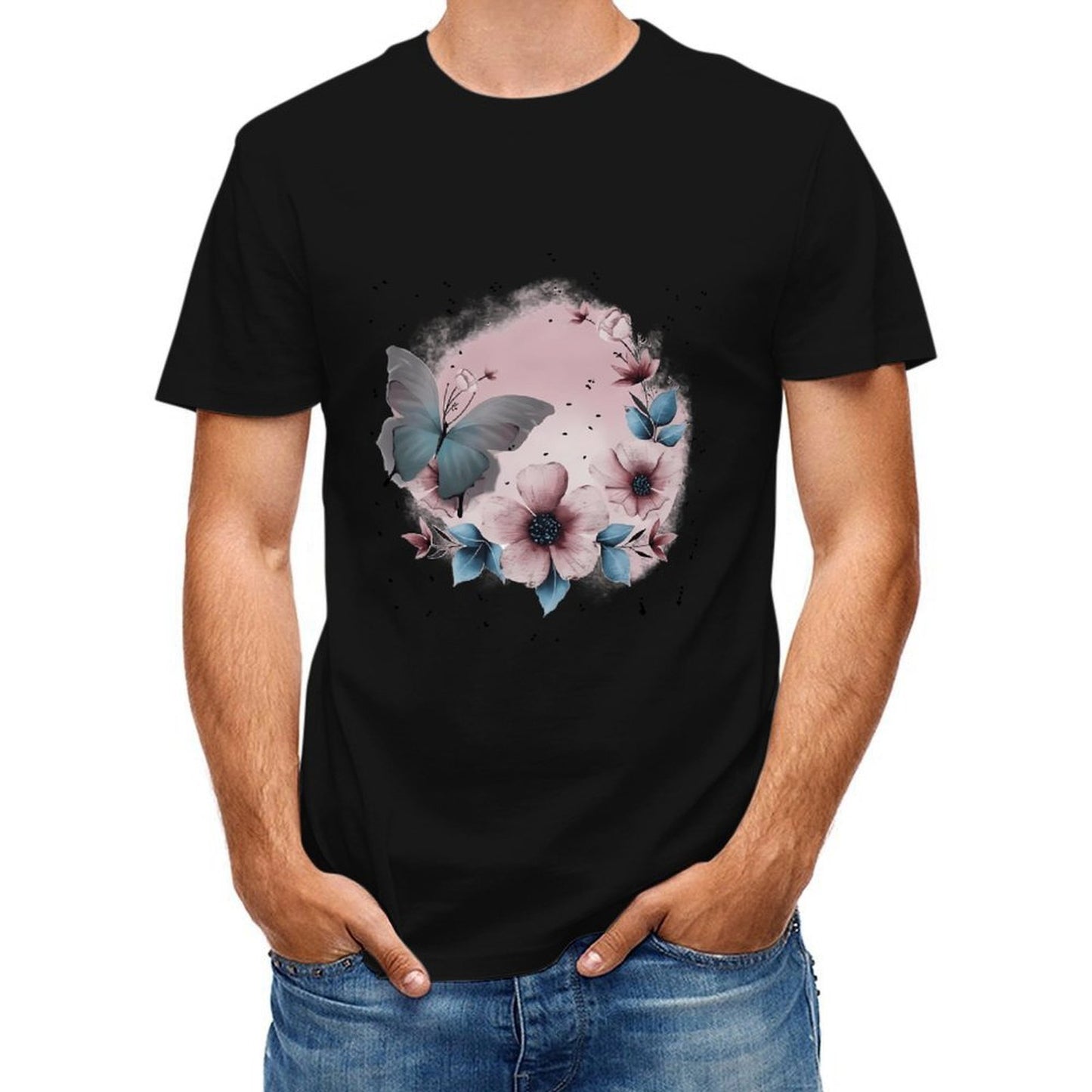 Inkmay Casual Cotton T-shirt Floral Butterfly Design With Soft Colors Unisex T-shirtCotton Printing T-Shirt
