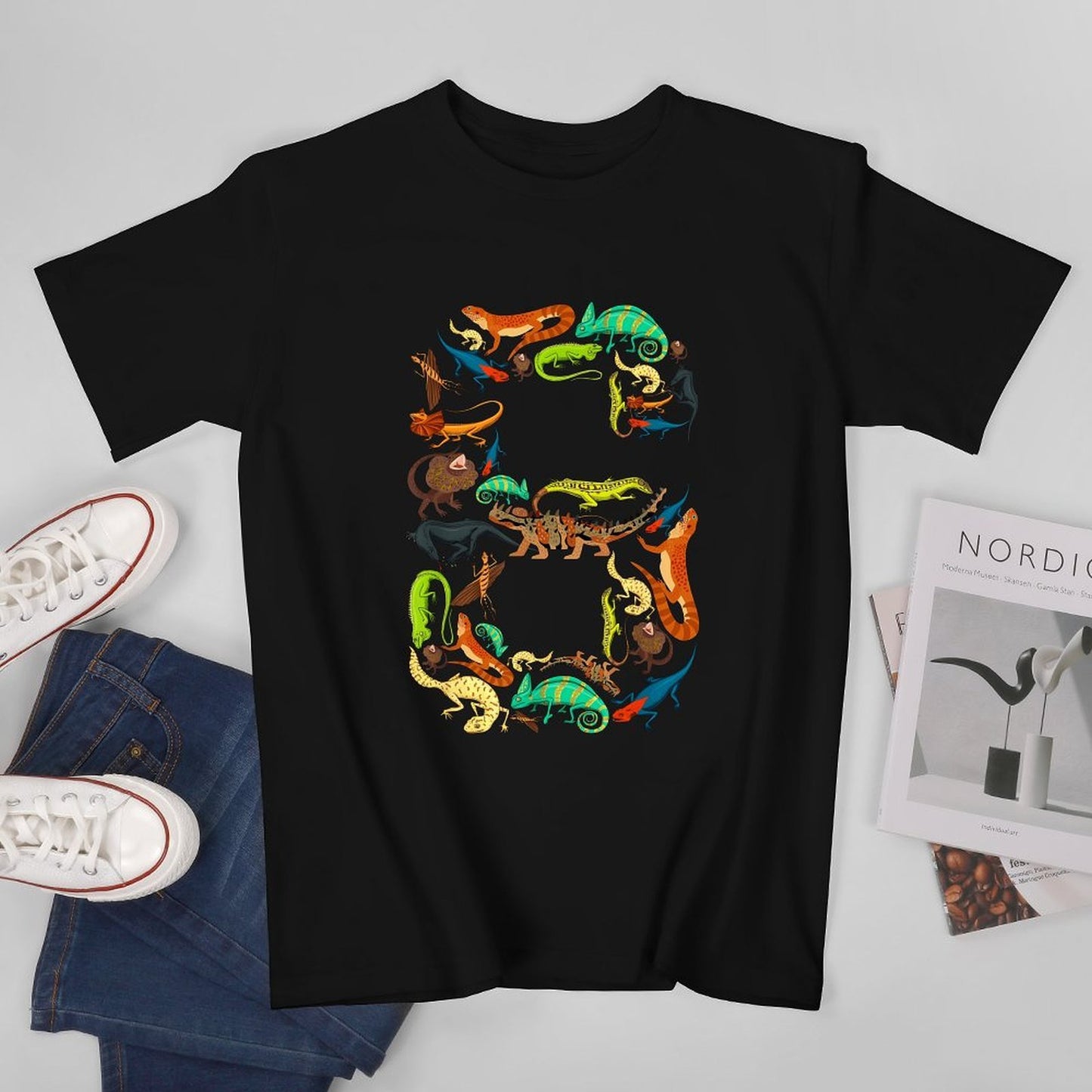 Inkmay Casual Cotton T-shirt Colorful Chameleons In Various Positions Unisex T-shirt