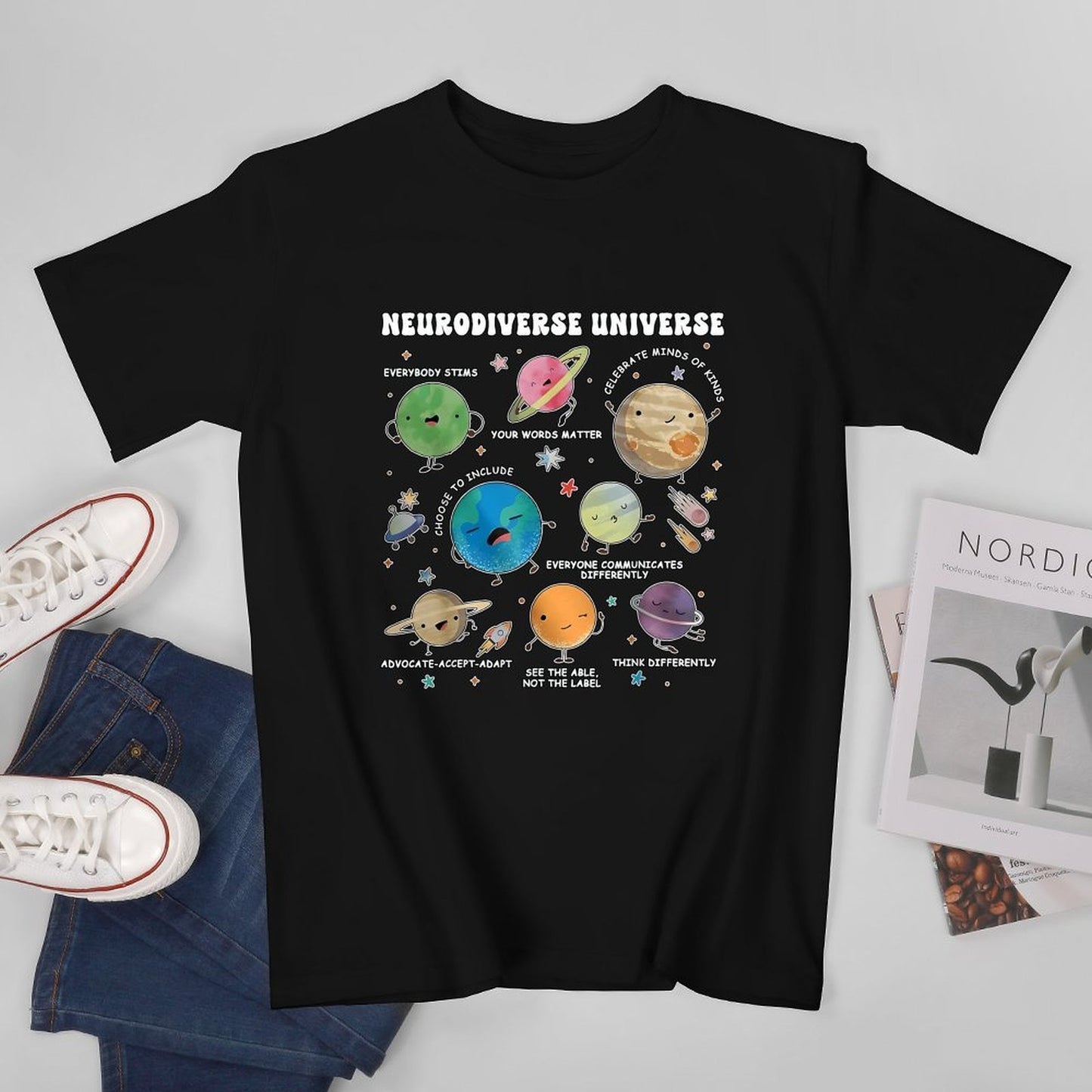 Inkmay Casual Cotton T-shirt Neurodiverse Universe Planets With Friendly Faces Unisex T-shirtMinimal ComfortLine T-Shirt
