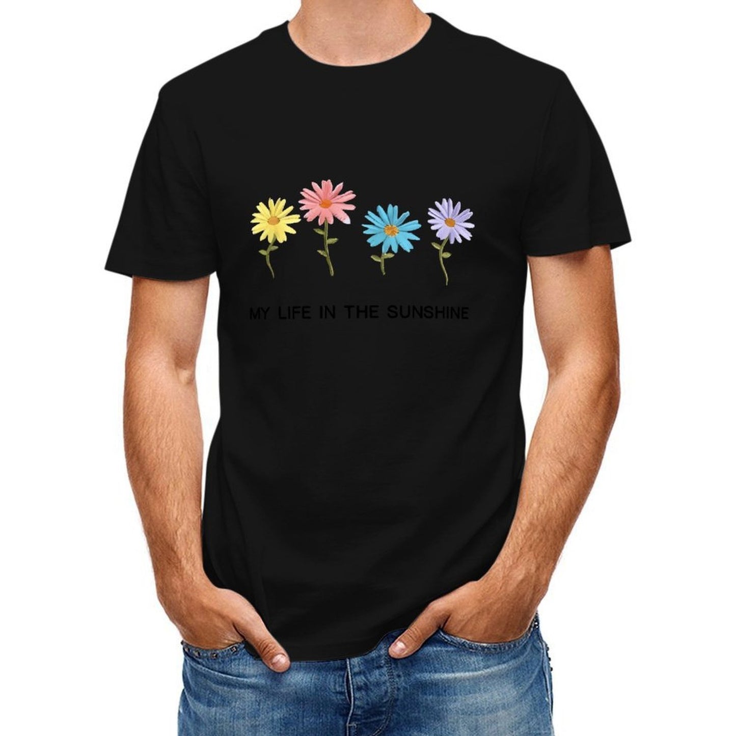 Inkmay Casual Cotton T-shirt Colorful Flowers On White Background Design Unisex T-shirtClassicSeries Tear-Resistant T-Shirt