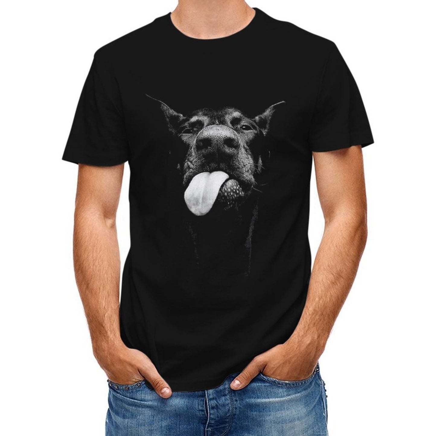 Inkmay Casual Cotton T-shirt Black And White Dog Tongue Out Unisex T-shirtWeekend Soft-Touch T-Shirt