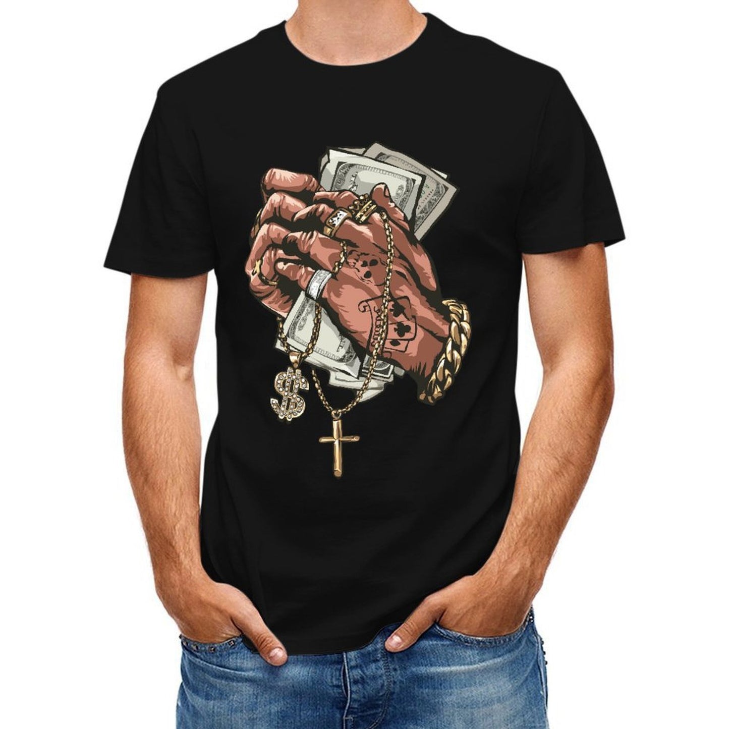 Inkmay Casual Cotton T-shirt Luxury Hands Holding Money And Jewelry Unisex T-shirtPremium Bold T-Shirt