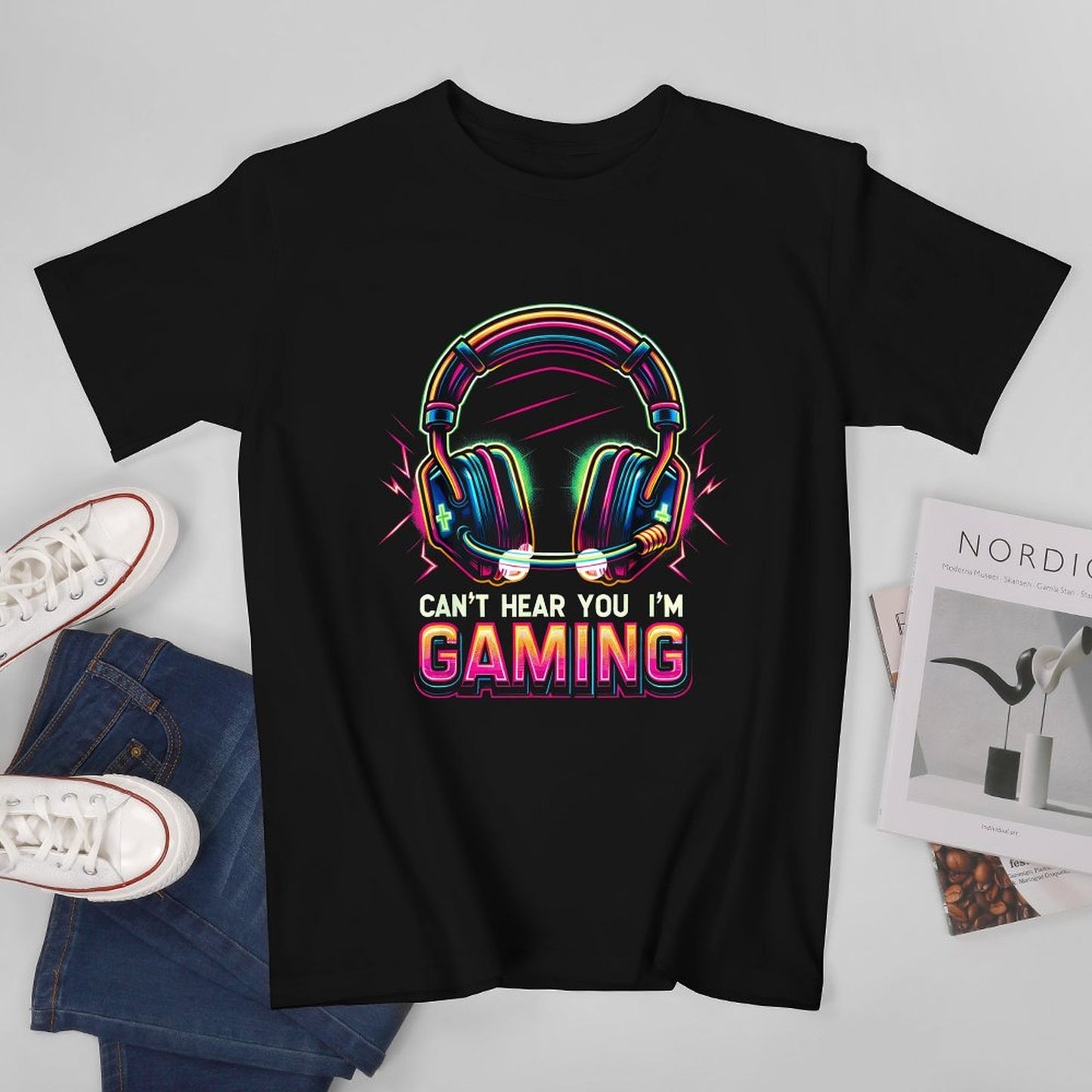 Inkmay Casual Cotton T-shirt Gaming Headphones Neon Colors Bright Design Unisex T-shirtMoisture-Wicking Natural T-Shirt