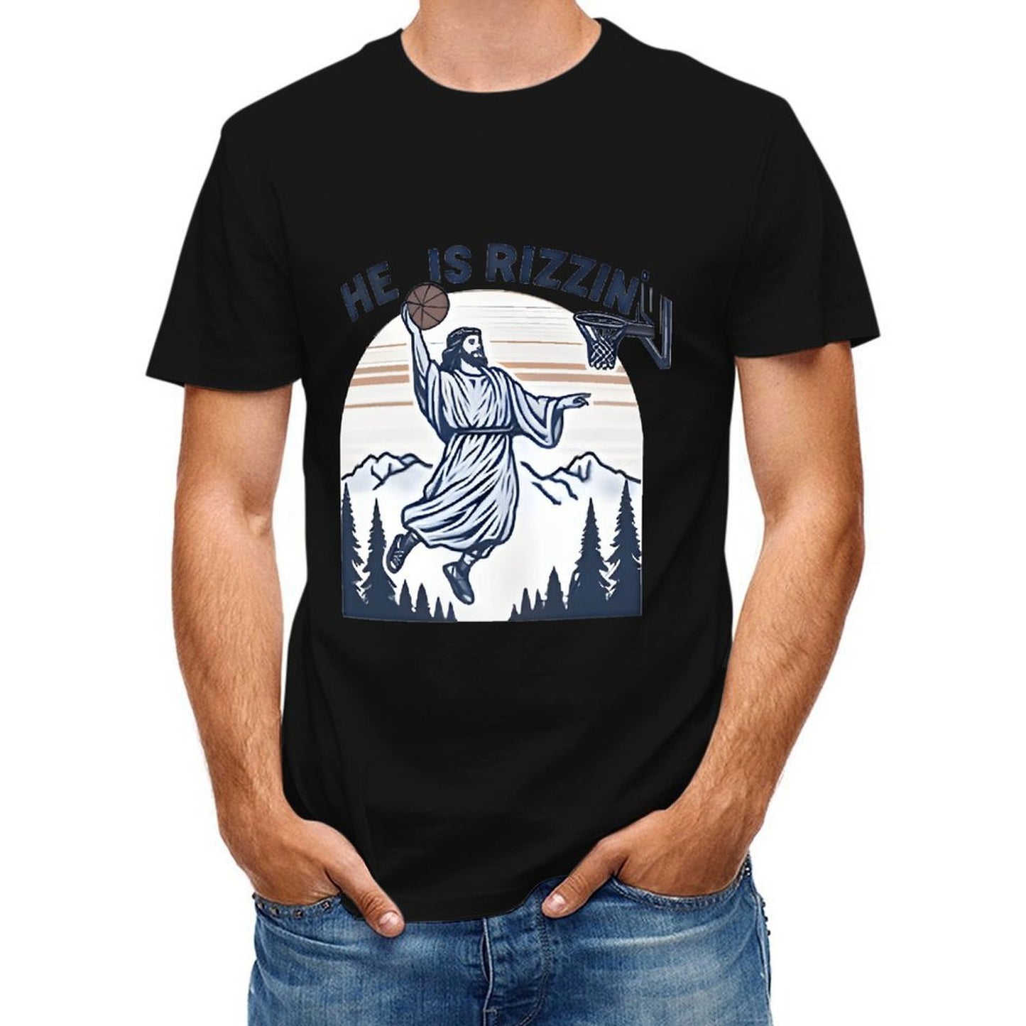 Inkmay Casual Cotton T-shirt Jesus Playing Basketball In Mountain Scene Unisex T-shirtColorfast Neat T-Shirt