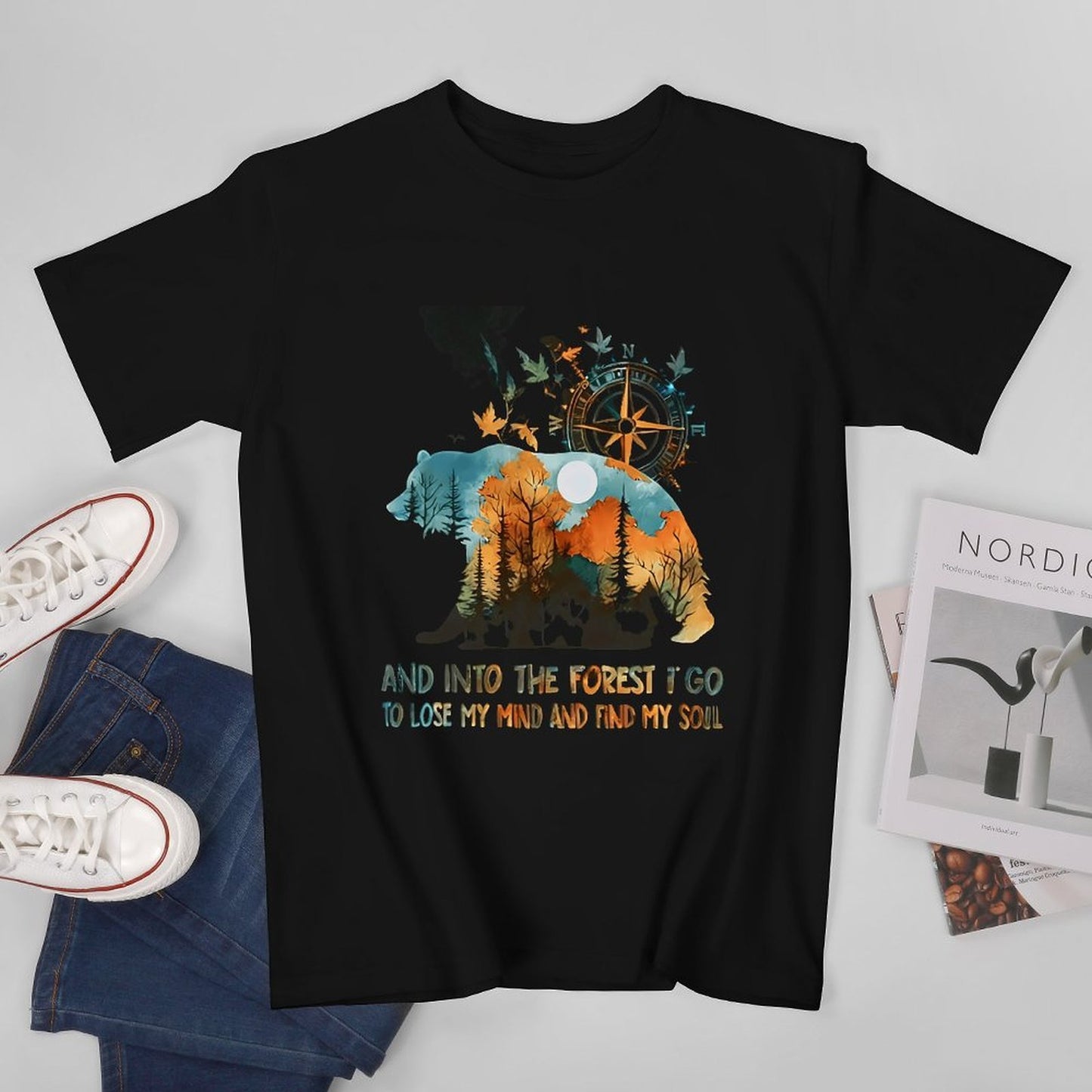 Inkmay Casual Cotton T-shirt Bear Forest Compass Nature Artwork Design Unisex T-shirtTimelessStyle Long Lasting T-Shirt