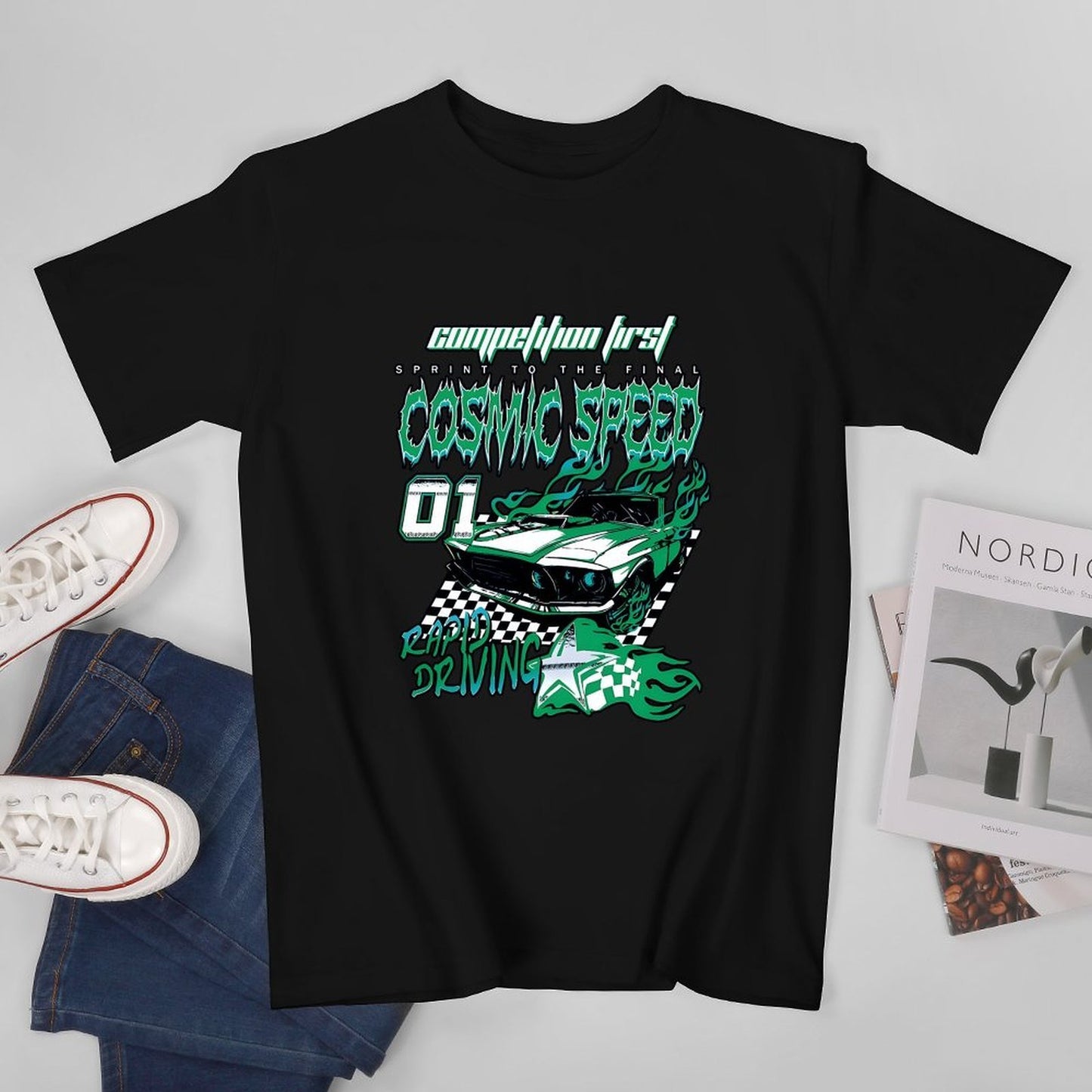 Inkmay Casual Cotton T-shirt Cosmic Speed Car Racing Design Art Unisex T-shirtHeat-Transfer Comfort T-Shirt