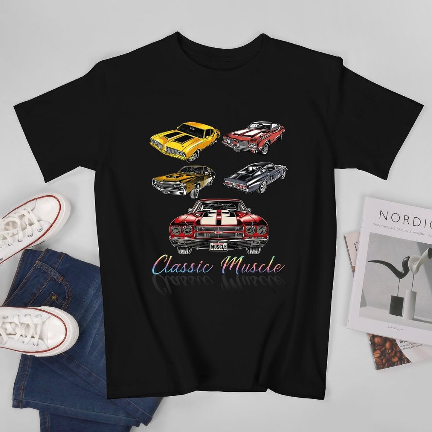 Inkmay Casual Cotton T-shirt Classic Muscle Cars Pattern Prints Design Unisex T-shirtActiveWear Wrinkle-Free T-Shirt