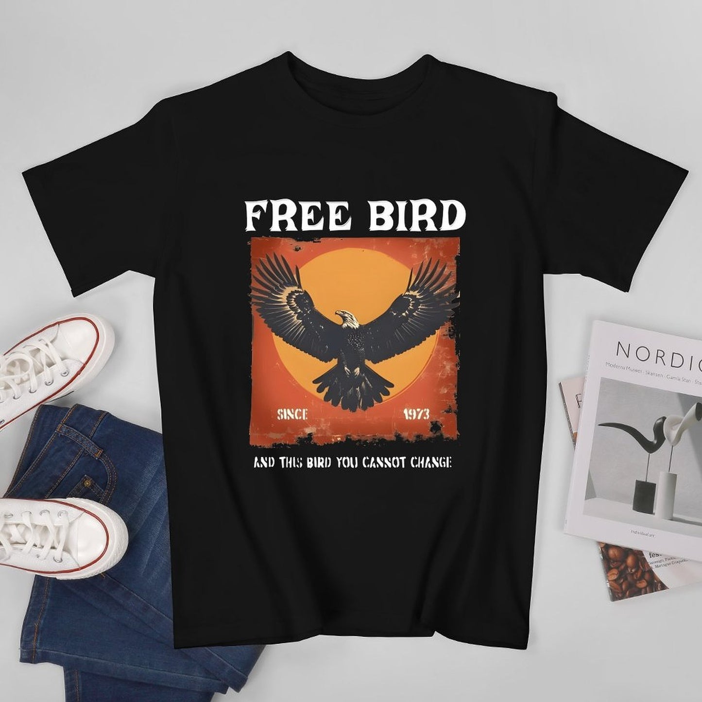 Inkmay Casual Cotton T-shirt Eagle Soaring Against Orange Sky Background Unisex T-shirtSoftTouch PureStyle T-Shirt