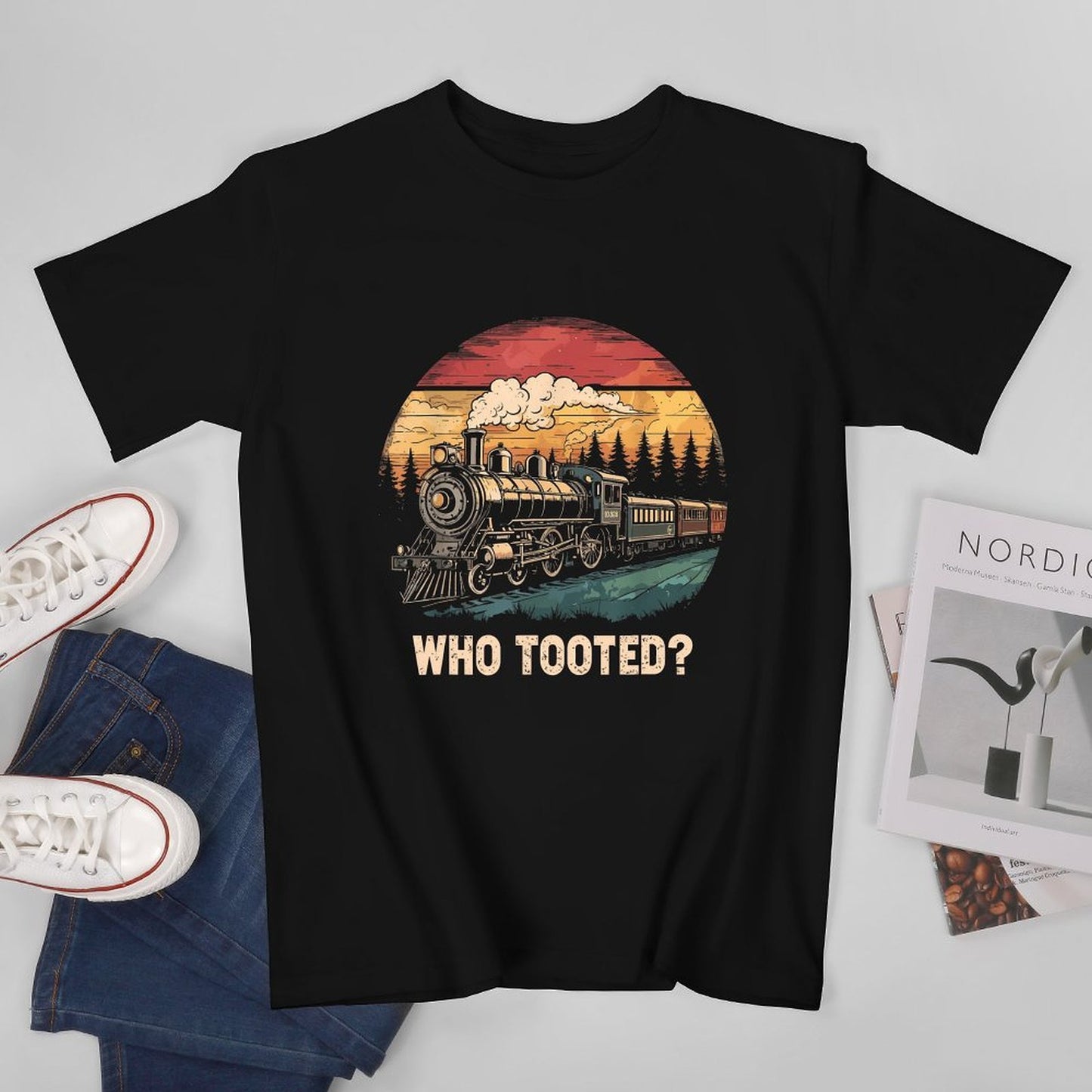 Inkmay Casual Cotton T-shirt Vintage Train Sunset Landscape Artwork Design Unisex T-shirtBatch-Printed Cotton T-Shirt