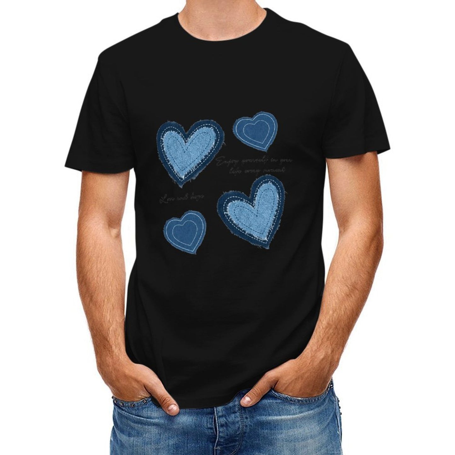Inkmay Casual Cotton T-shirt Heart Shapes In Denim Style Prints Unisex T-shirtSmoothWear Classic T-Shirt