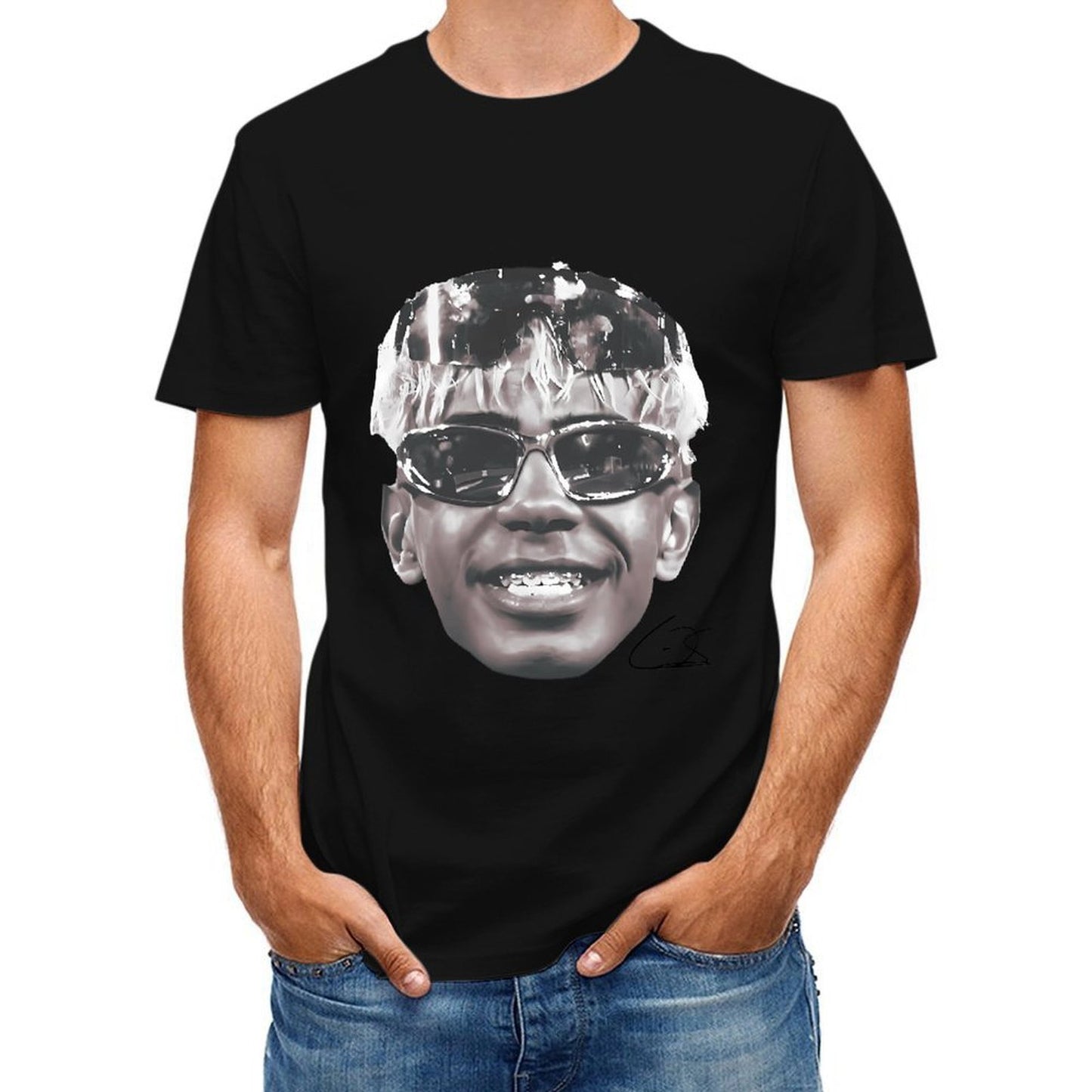 Inkmay Casual Cotton T-shirt Stylized Face With Reflective Sunglasses Design Unisex T-shirtSport YearRound T-Shirt