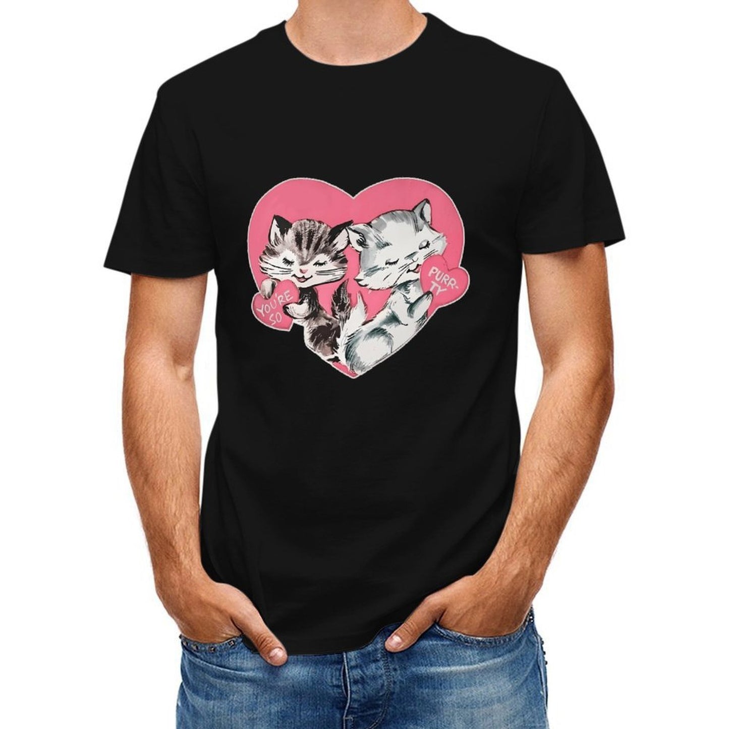 Inkmay Casual Cotton T-shirt Cute Cats Holding Hearts Pattern Prints Unisex T-shirtWeekend Lifestyle T-Shirt