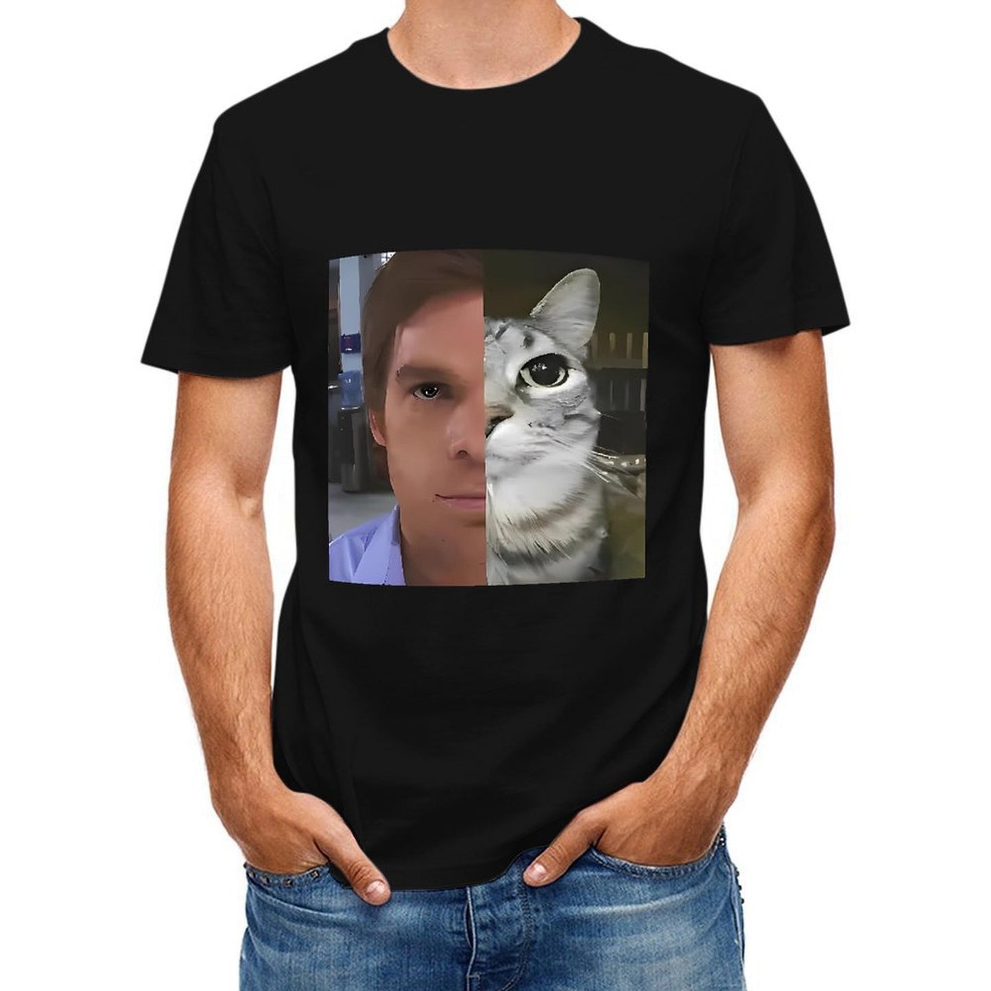 Inkmay Casual Cotton T-shirt Half Human Half Cat Face Split Unisex T-shirtAllDay Midweight T-Shirt