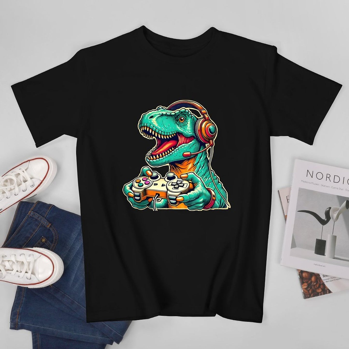 Inkmay Casual Cotton T-shirt Gaming Dinosaur With Headphones And Unisex T-shirt100% Cotton Daily T-Shirt