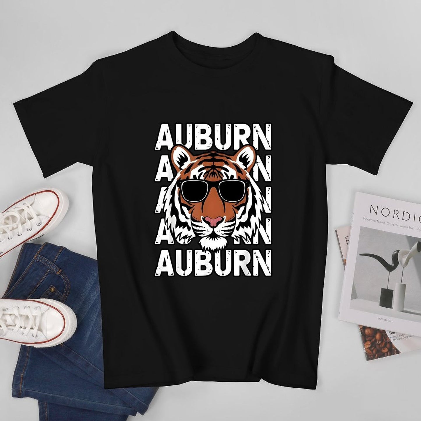 Inkmay Casual Cotton T-shirt Auburn Tiger With Sunglasses Pattern Print Unisex T-shirtSeamless ClassicSeries T-Shirt
