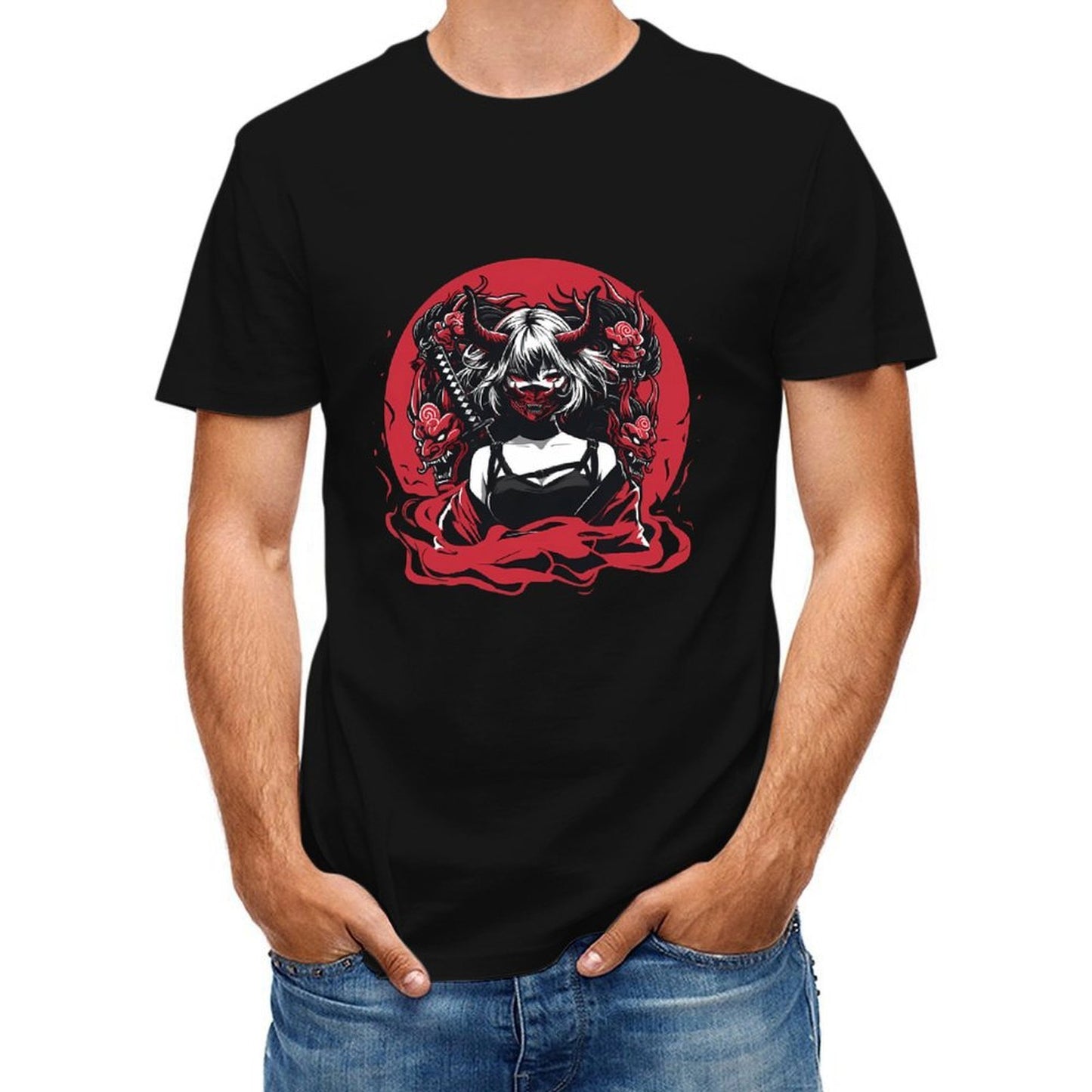 Inkmay Casual Cotton T-shirt Demon Woman With Red Dragons Unisex T-shirtSmooth Classic T-Shirt