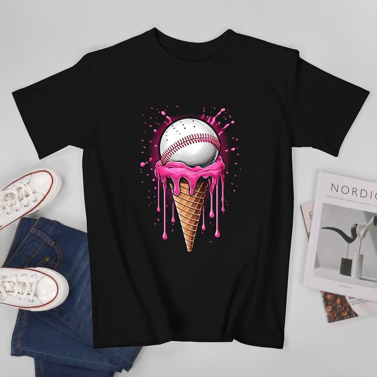 Inkmay Casual Cotton T-shirt Baseball On Ice Cream Cone Art Unisex T-shirtLogo-Ready Vibrant Colors T-Shirt