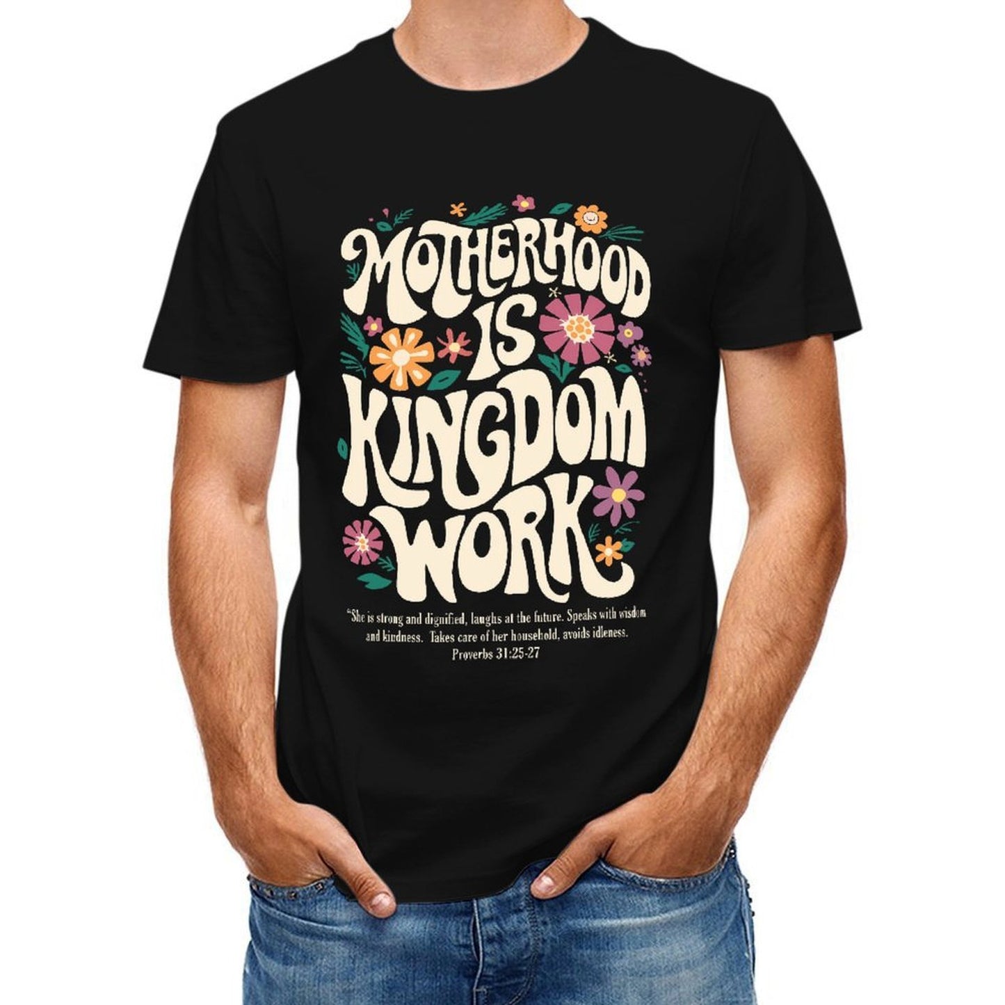 Inkmay Casual Cotton T-shirt Motherhood Is Kingdom Work Floral Design Unisex T-shirtPure Made-to-Order T-Shirt