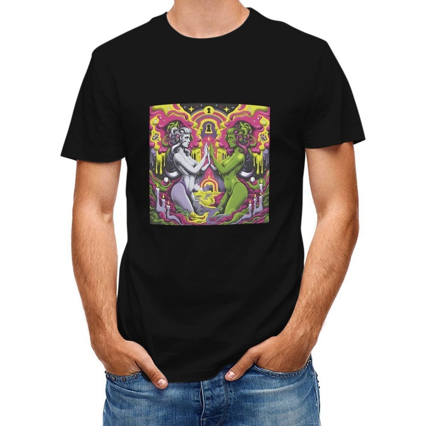 Inkmay Casual Cotton T-shirt Psychedelic Art With Two Figures Unisex T-shirtLightweight Made-to-Order T-Shirt