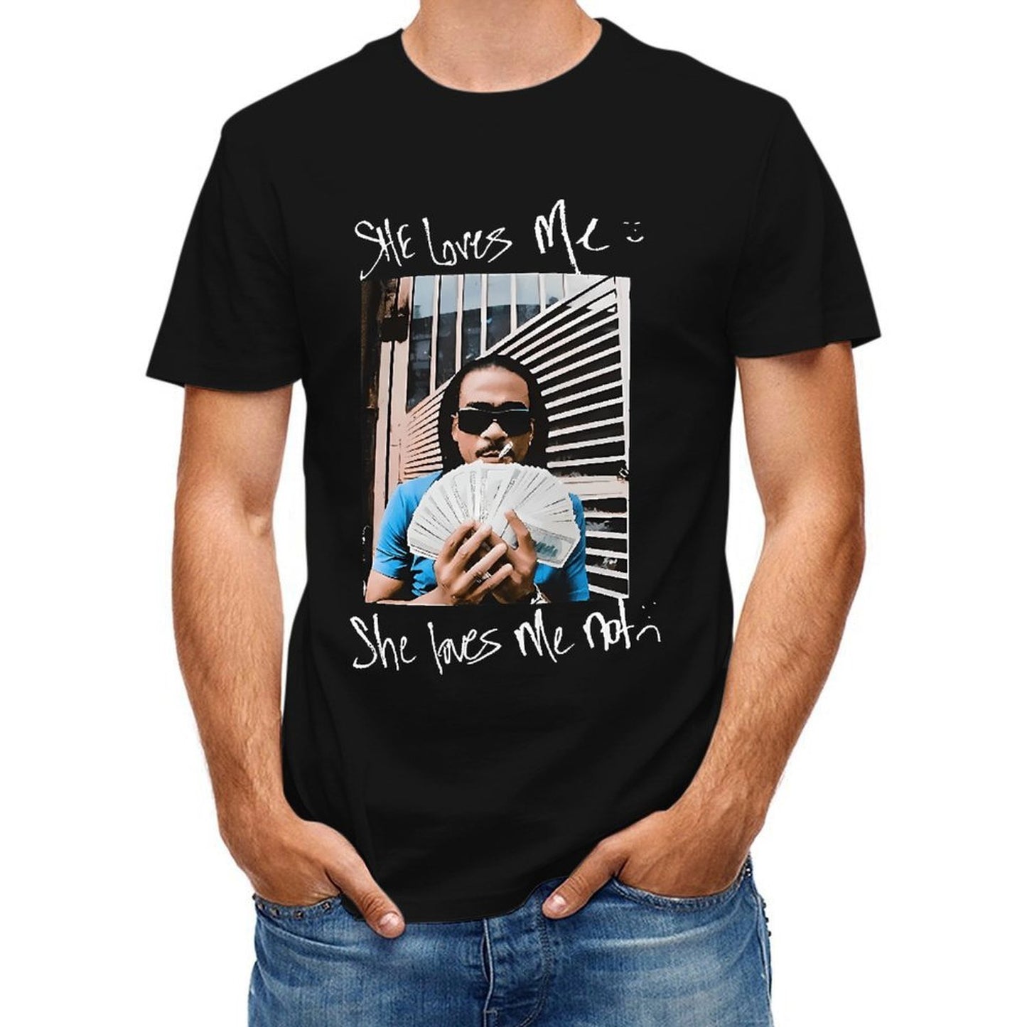 Inkmay Casual Cotton T-shirt Man Holding Money With Sunglasses On Unisex T-shirtModernFit Pocket Tee T-Shirt