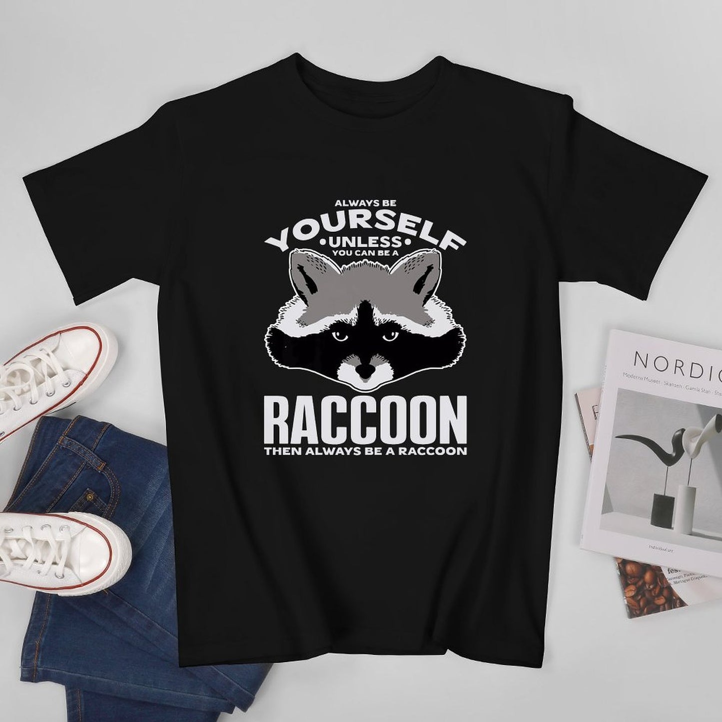 Inkmay Casual Cotton T-shirt Raccoon Face With Text Overlay Unisex T-shirt