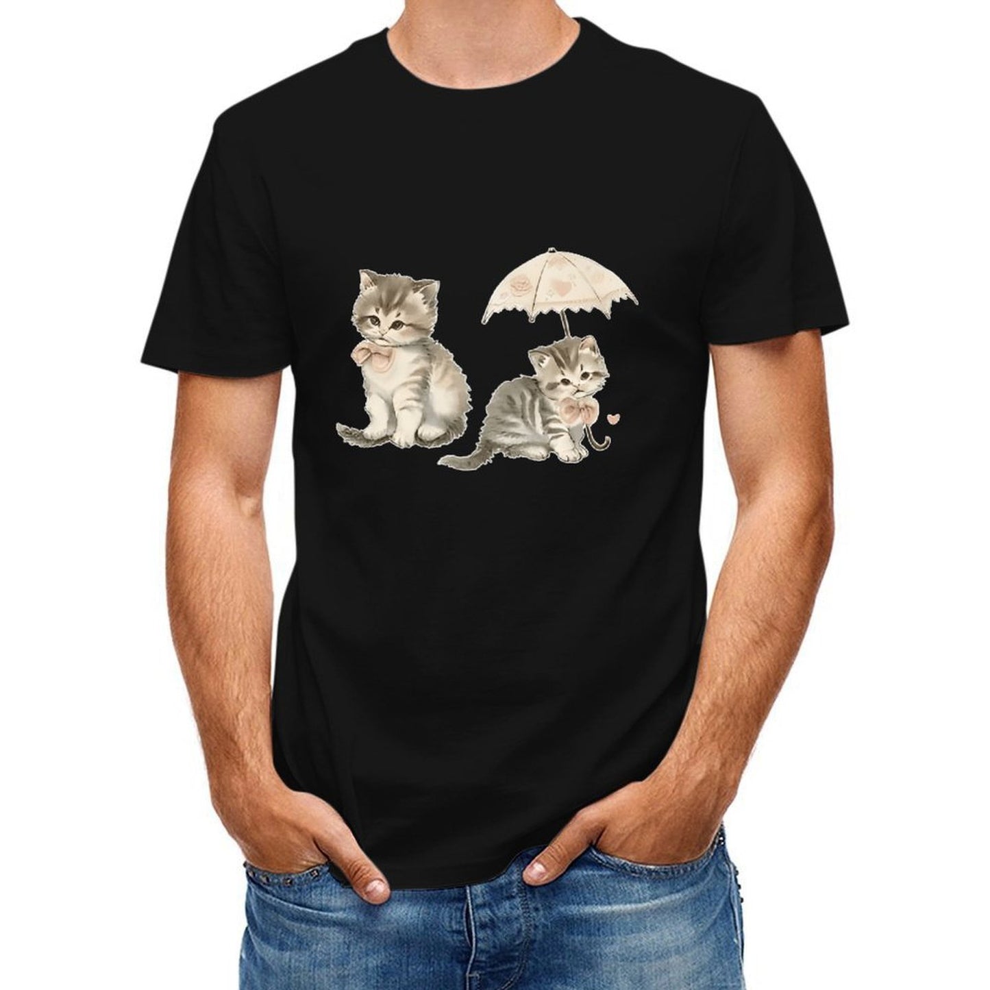 Inkmay Casual Cotton T-shirt Cute Kittens With Umbrella And Bow Unisex T-shirtSoftstyle Clean Edges T-Shirt