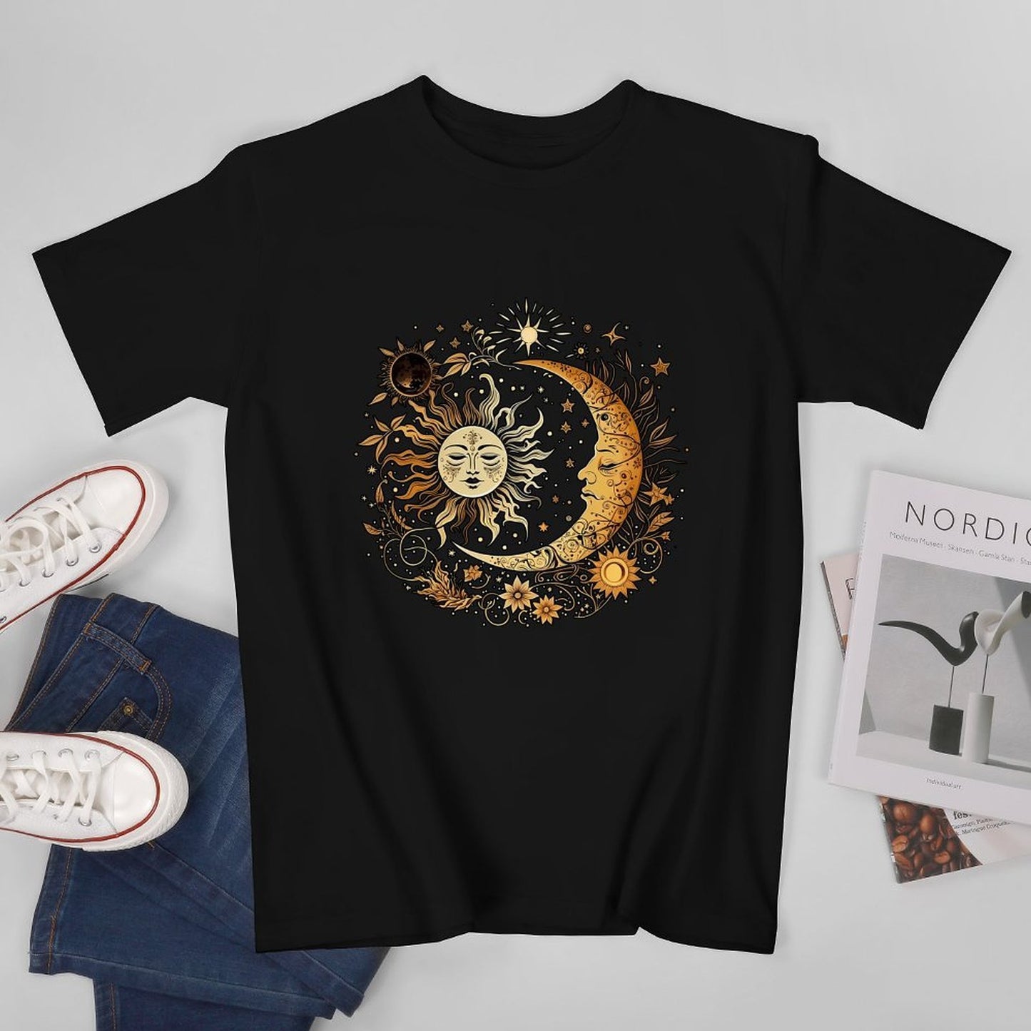 Inkmay Casual Cotton T-shirt Celestial Sun Moon Stars Art Print Unisex T-shirt