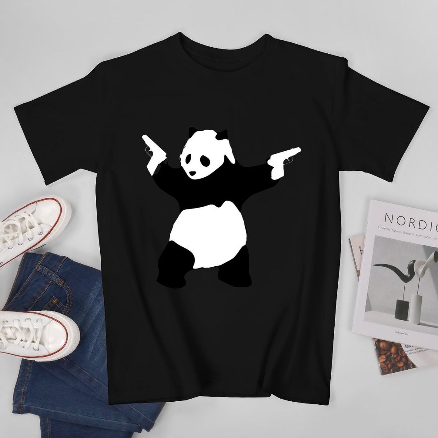 Inkmay Casual Cotton T-shirt Panda Design On Black Background Unisex T-shirtClassic EverydayTee T-Shirt