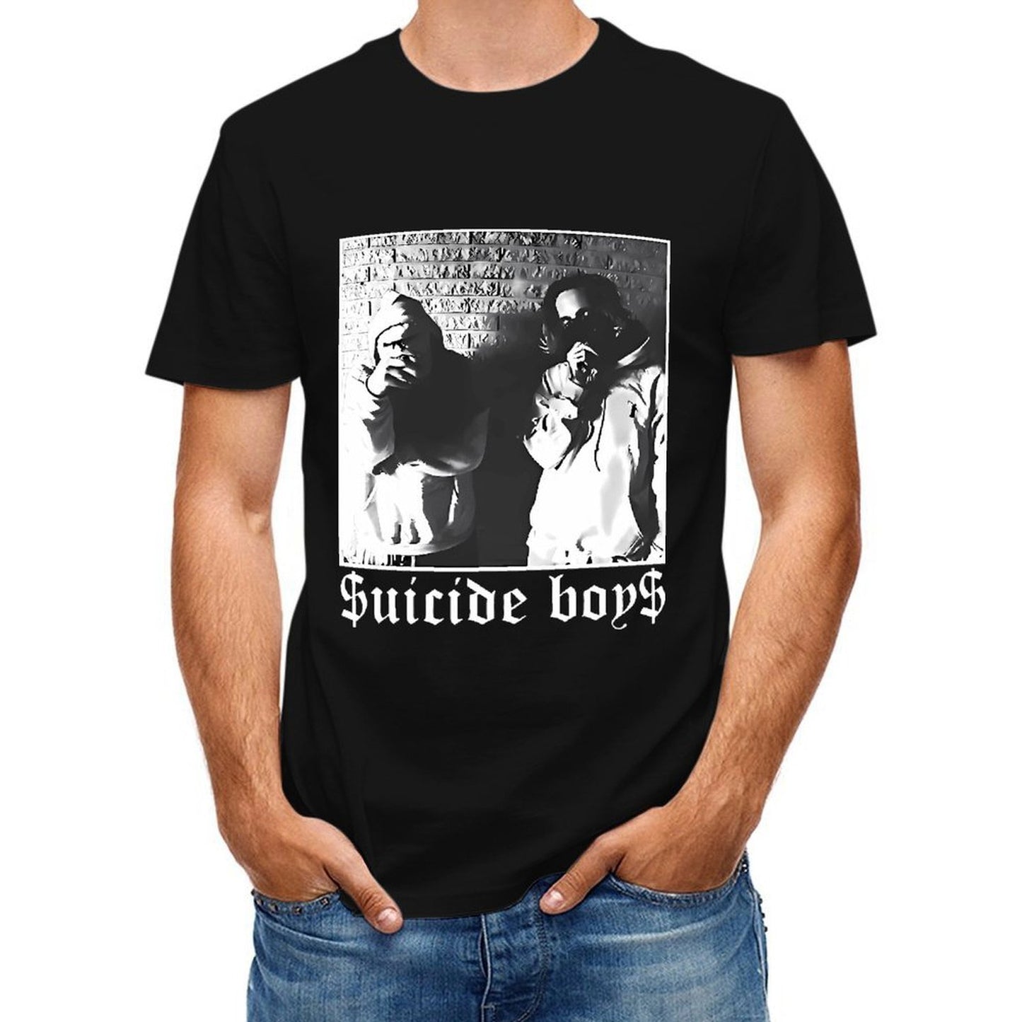 Inkmay Casual Cotton T-shirt Two Figures Against Brick Wall Background Unisex T-shirtSoftLine Relaxed Fit T-Shirt