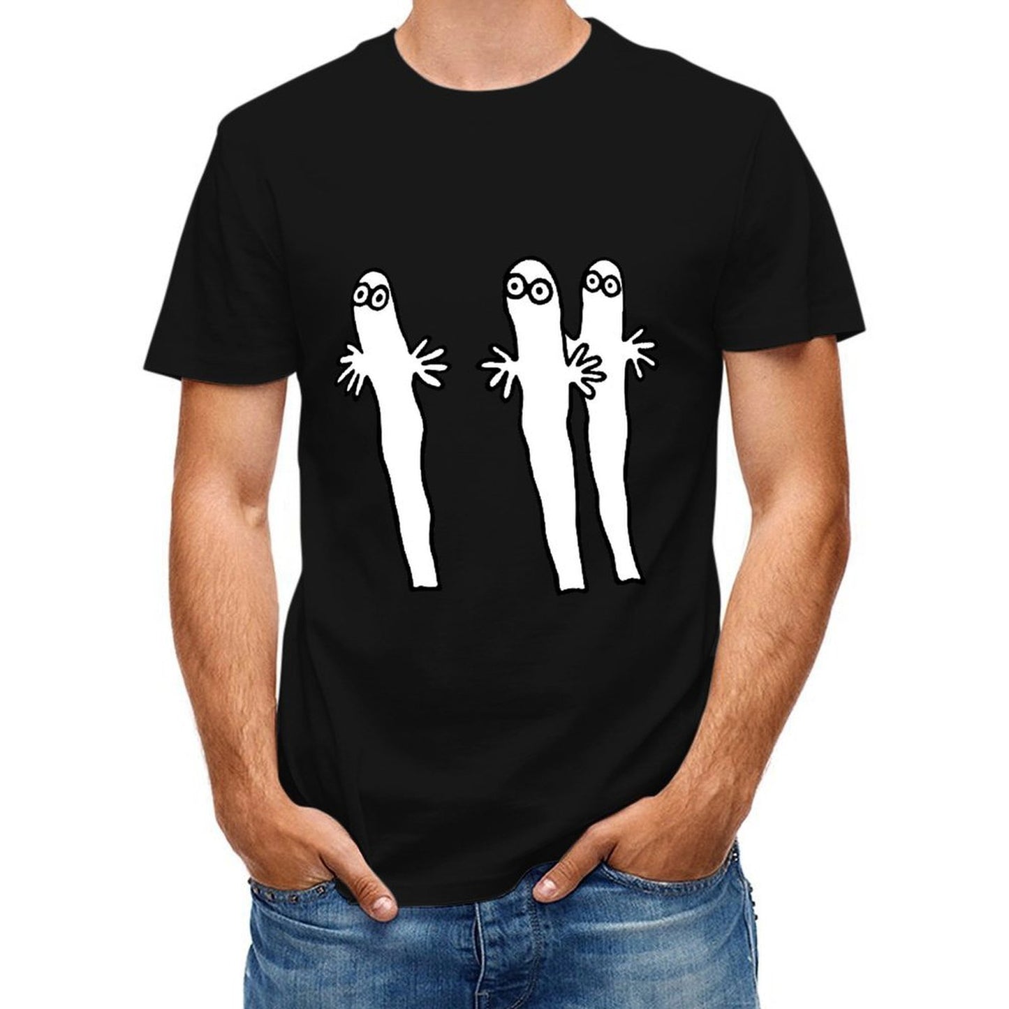 Inkmay Casual Cotton T-shirt Three Cartoon Characters With Hands Raised Unisex T-shirtSleek Outdoor T-Shirt