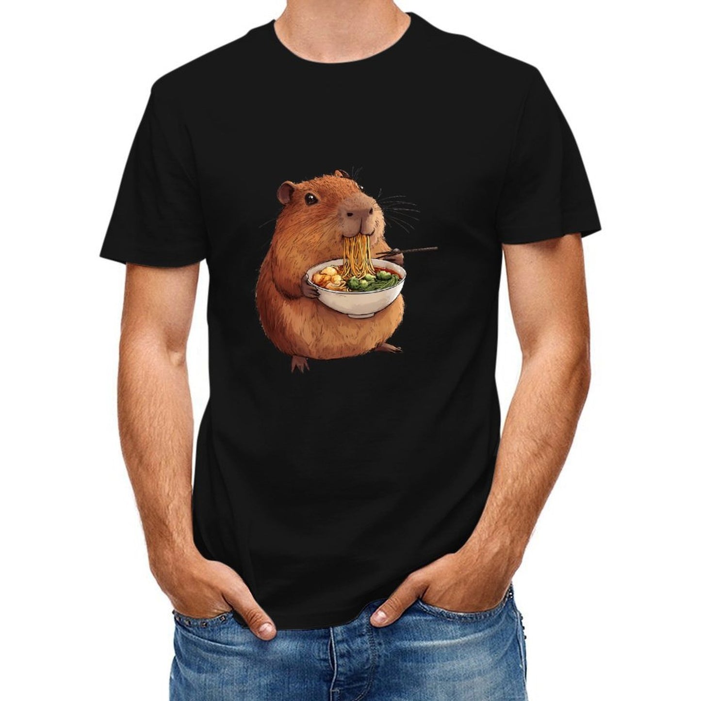 Inkmay Casual Cotton T-shirt Cute Hamster Eating Noodles With Chopsticks Unisex T-shirtUltra Durable Retro T-Shirt