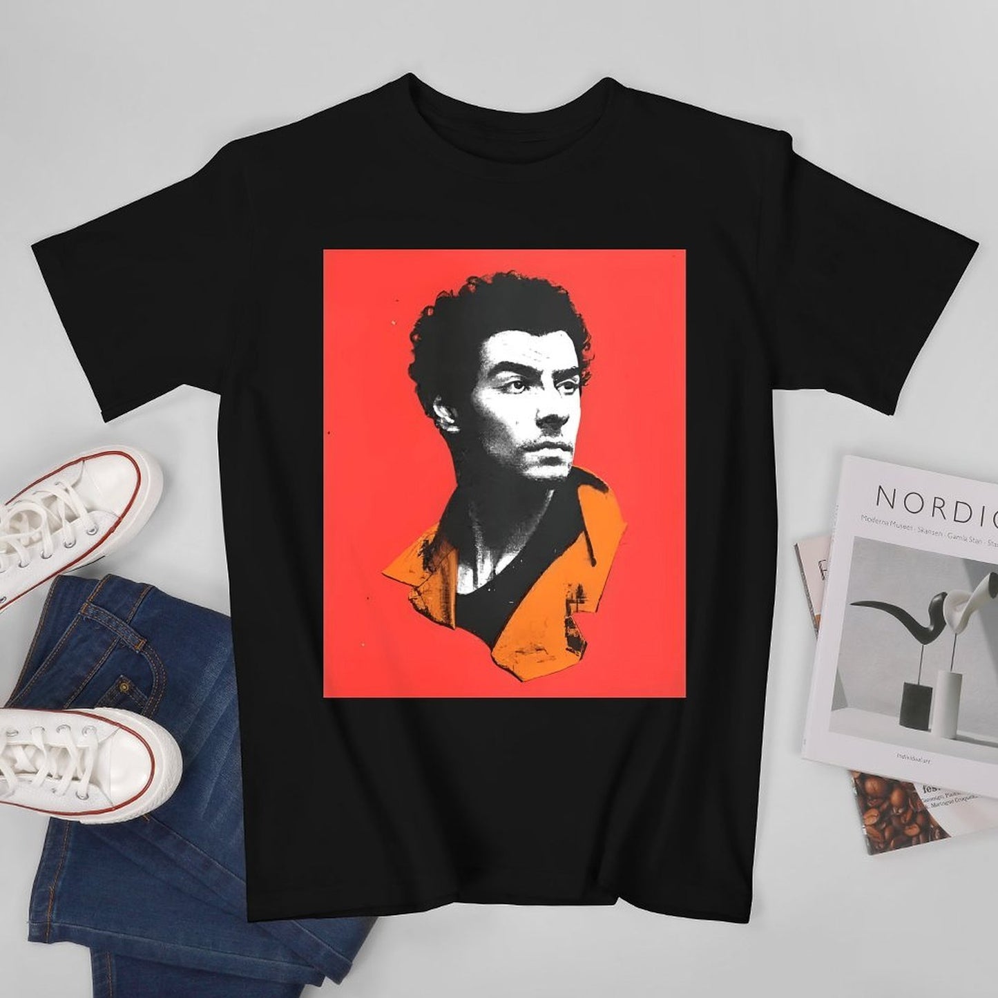 Inkmay Casual Cotton T-shirt Bold Red Background With Black Portrait Unisex T-shirtYearRound EverydayComfort T-Shirt