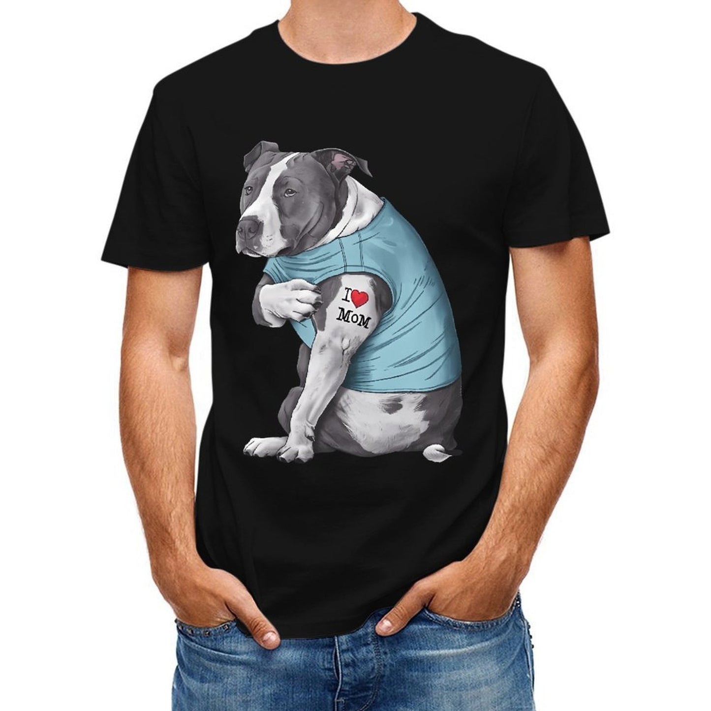 Inkmay Casual Cotton T-shirt Dog Wears Blue Shirt Tattoo Mom Unisex T-shirtEveryday ClassicStyle T-Shirt