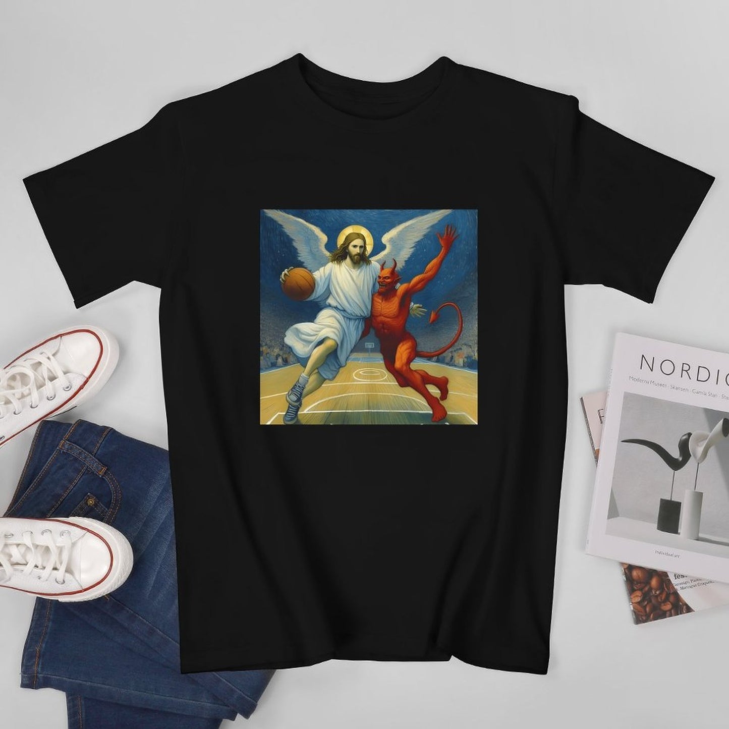Inkmay Casual Cotton T-shirt Basketball Jesus Versus Devil On Court Unisex T-shirtEssential Regular T-Shirt