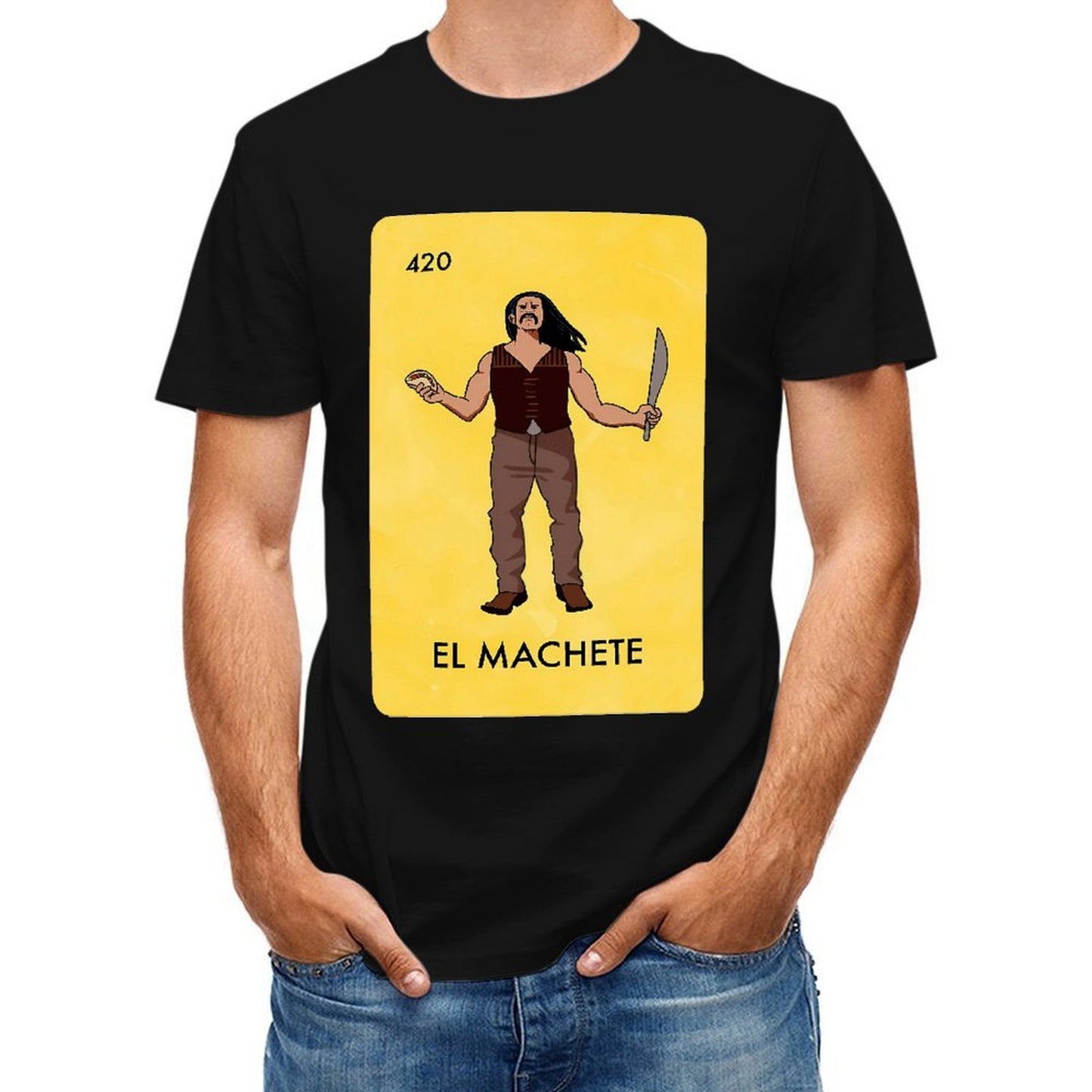 Inkmay Casual Cotton T-shirt Man Holding Machete In Yellow Background Unisex T-shirtUltra Durable Strong T-Shirt