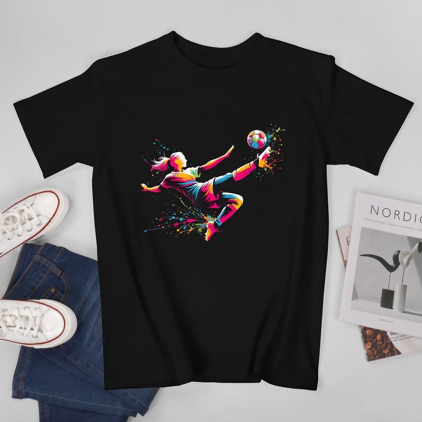 Inkmay Casual Cotton T-shirt Vibrant Soccer Player Kicking Ball Artwork Unisex T-shirt