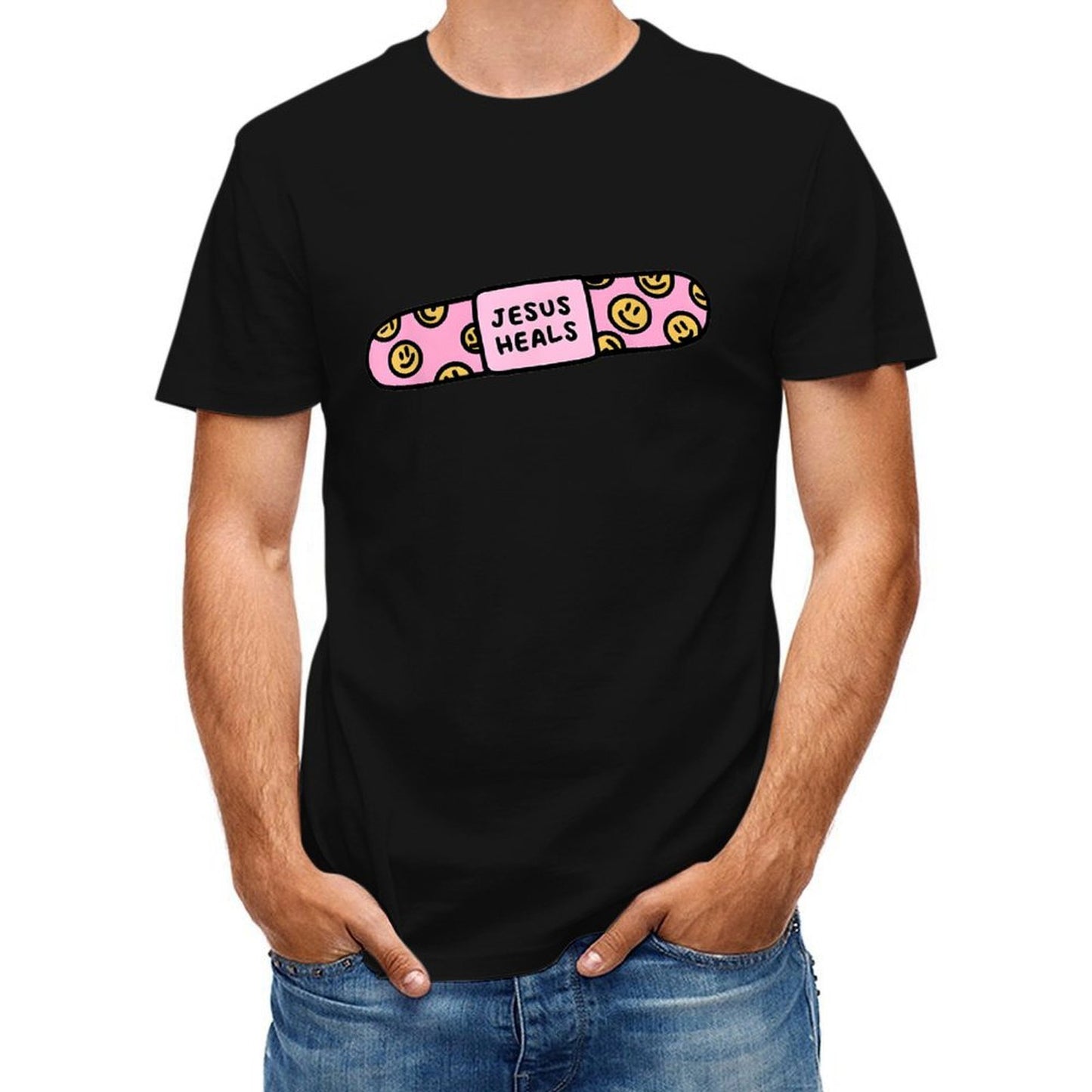 Inkmay Casual Cotton T-shirt Pink Pill With Smiley Faces Pattern Unisex T-shirtMoisture-Wicking LifestyleLine T-Shirt