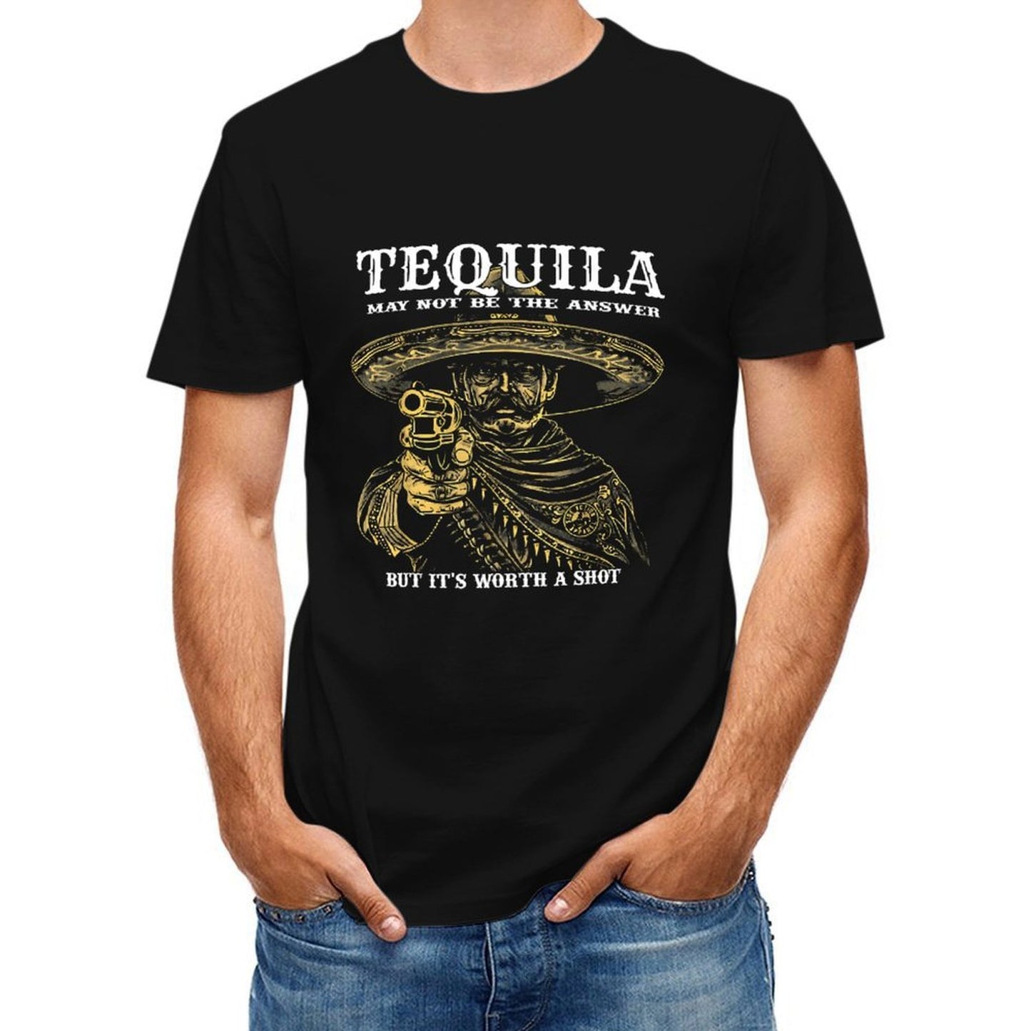 Inkmay Casual Cotton T-shirt Man Wearing Sombrero Holding Pistol Artwork Unisex T-shirtEverydaySeries ComfortFit T-Shirt
