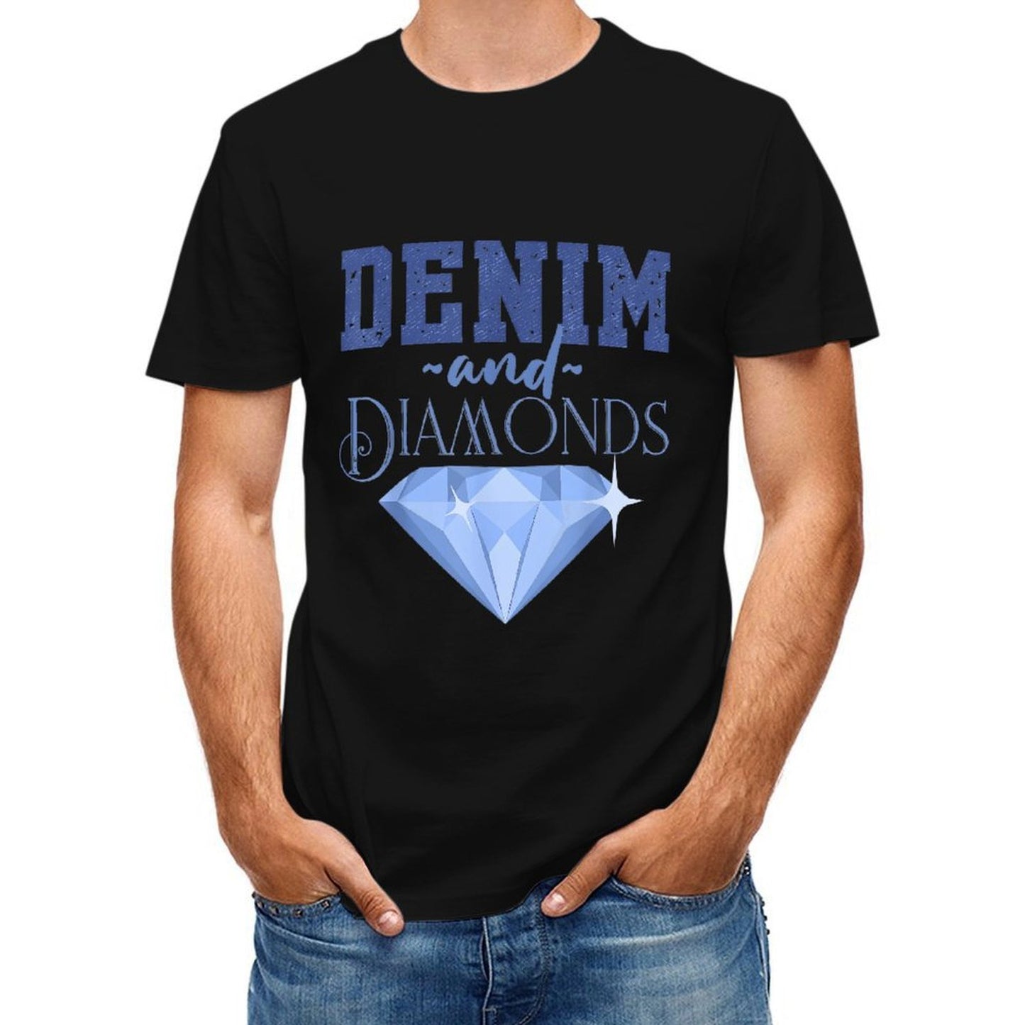 Inkmay Casual Cotton T-shirt Denim And Diamonds Blue Gem Print Unisex T-shirtModern PureStyle T-Shirt