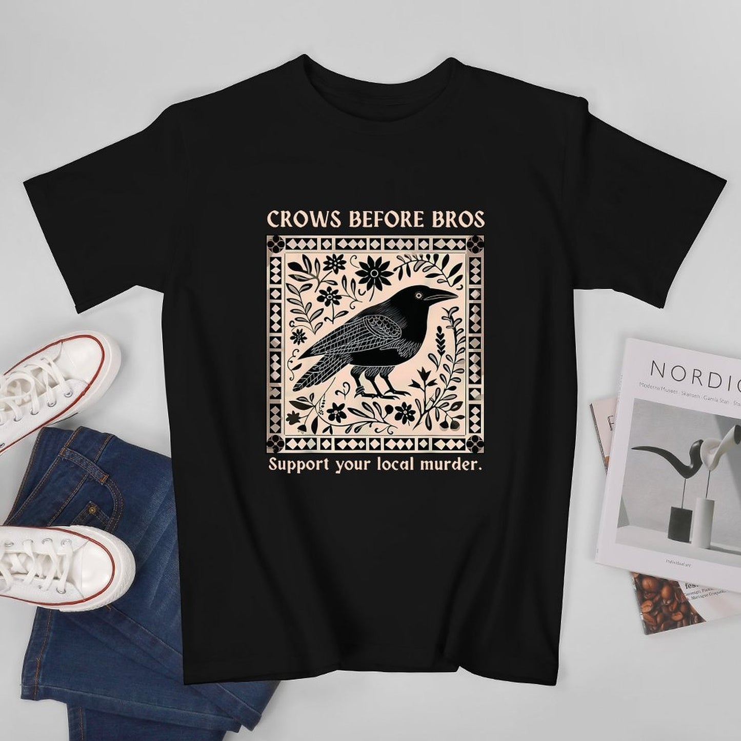 Inkmay Casual Cotton T-shirt Bird Floral Design On Beige Background Unisex T-shirtTrueFit Midweight T-Shirt