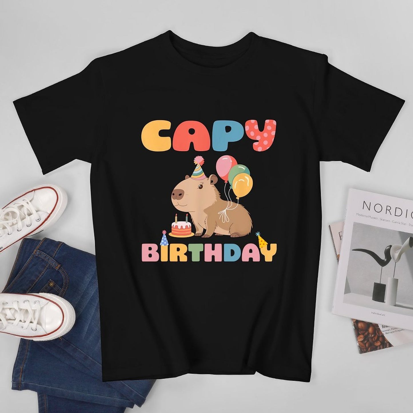 Inkmay Casual Cotton T-shirt Capybara Birthday Party With Balloons Unisex T-shirtCrew Neck EasyWear T-Shirt
