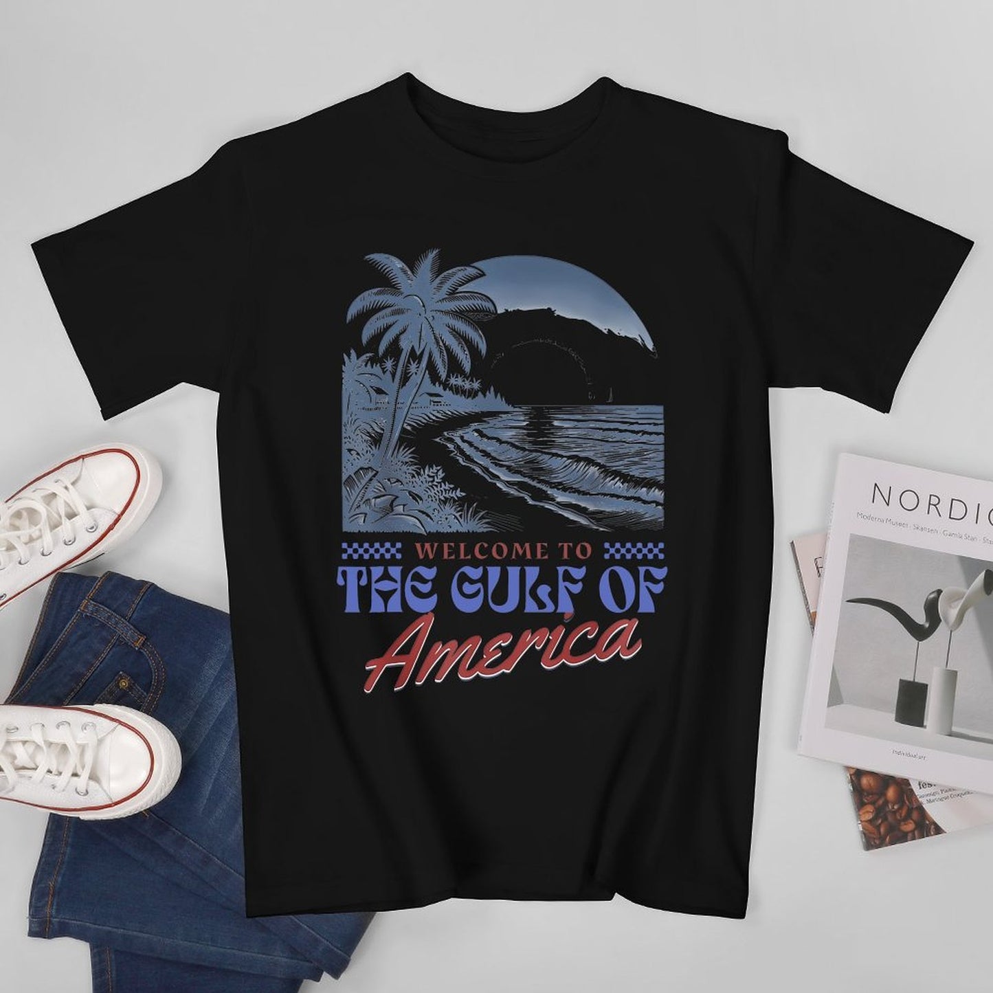 Inkmay Casual Cotton T-shirt Beach Scene With Palm Trees Unisex T-shirtLifestyleLine Pocket Tee T-Shirt
